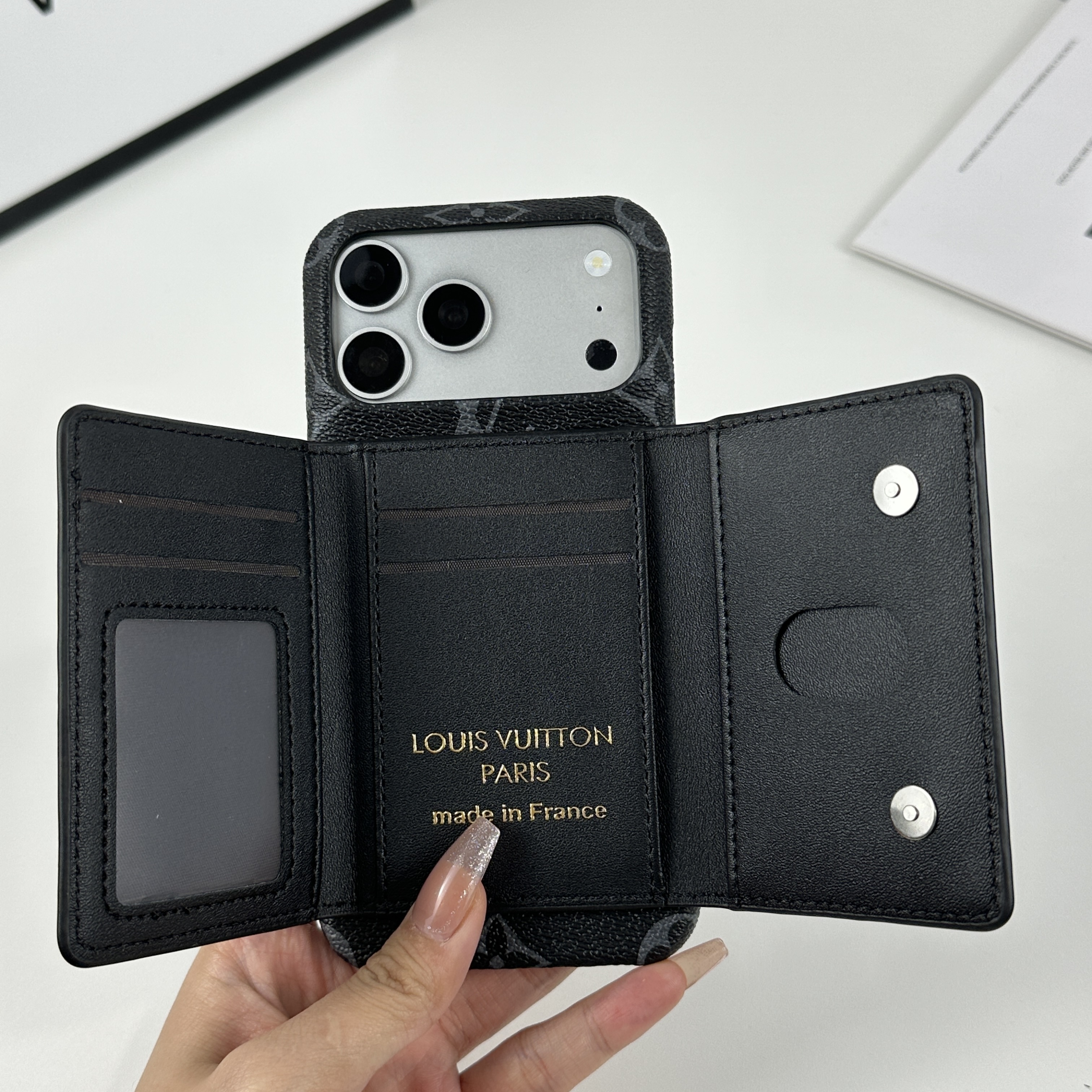 Stylish Leather Monogram iPhone Case With Magnetic Wallet Black Printing For iPhone 17 Series-GELV091
