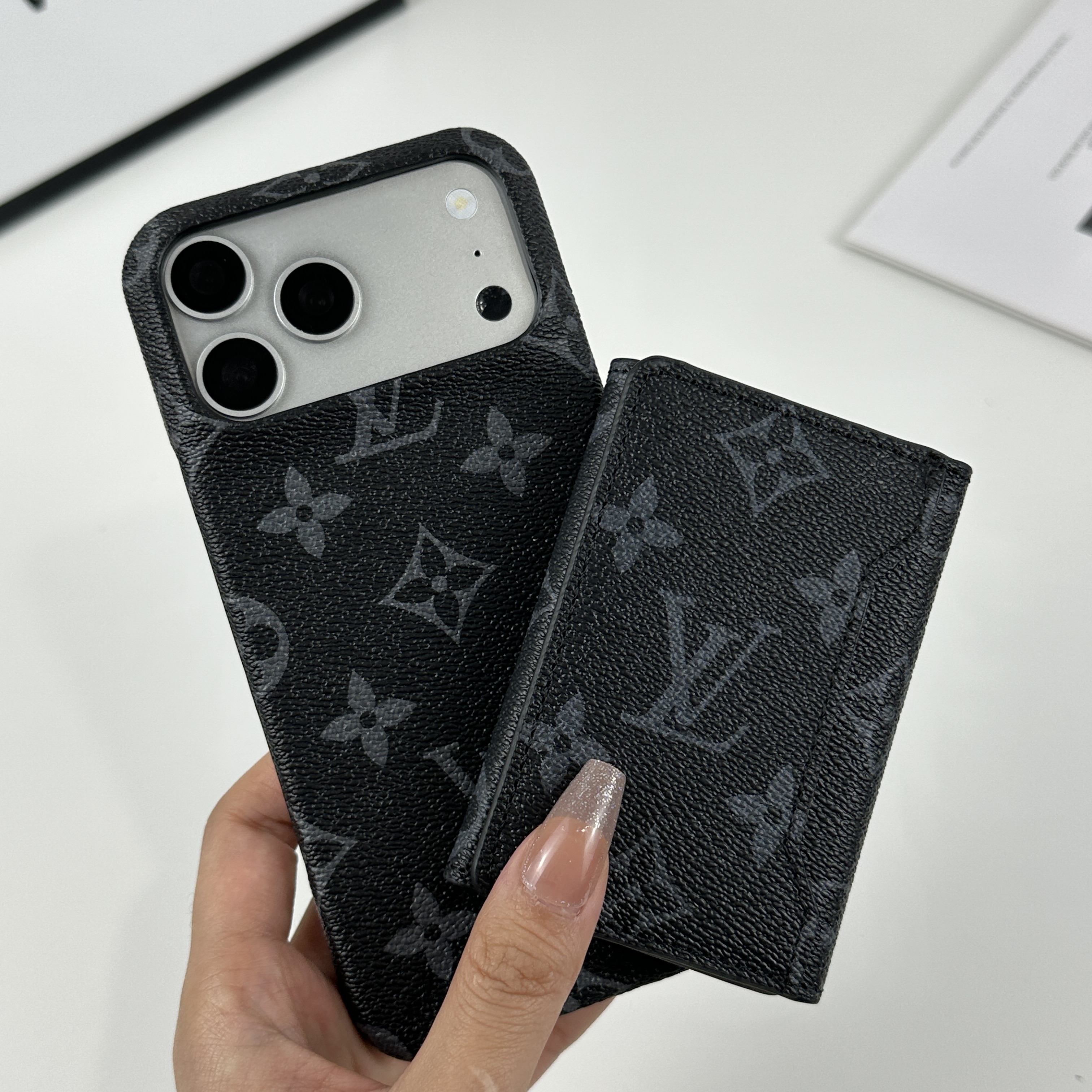 Stylish Leather Monogram iPhone Case With Magnetic Wallet Black Printing For iPhone 17 Series-GELV091
