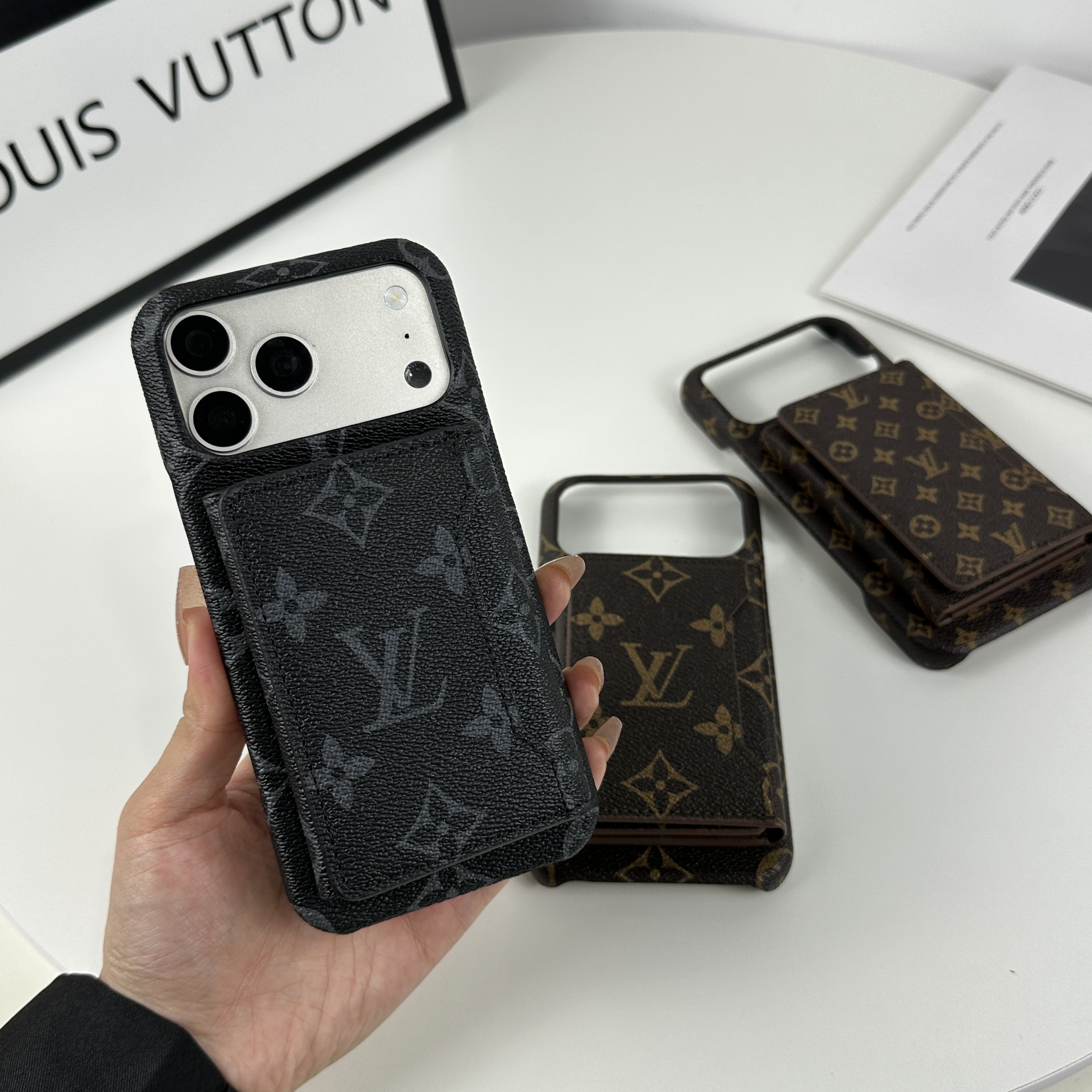 Stylish Leather Monogram iPhone Case With Magnetic Wallet Black Printing For iPhone 17 Series-GELV091