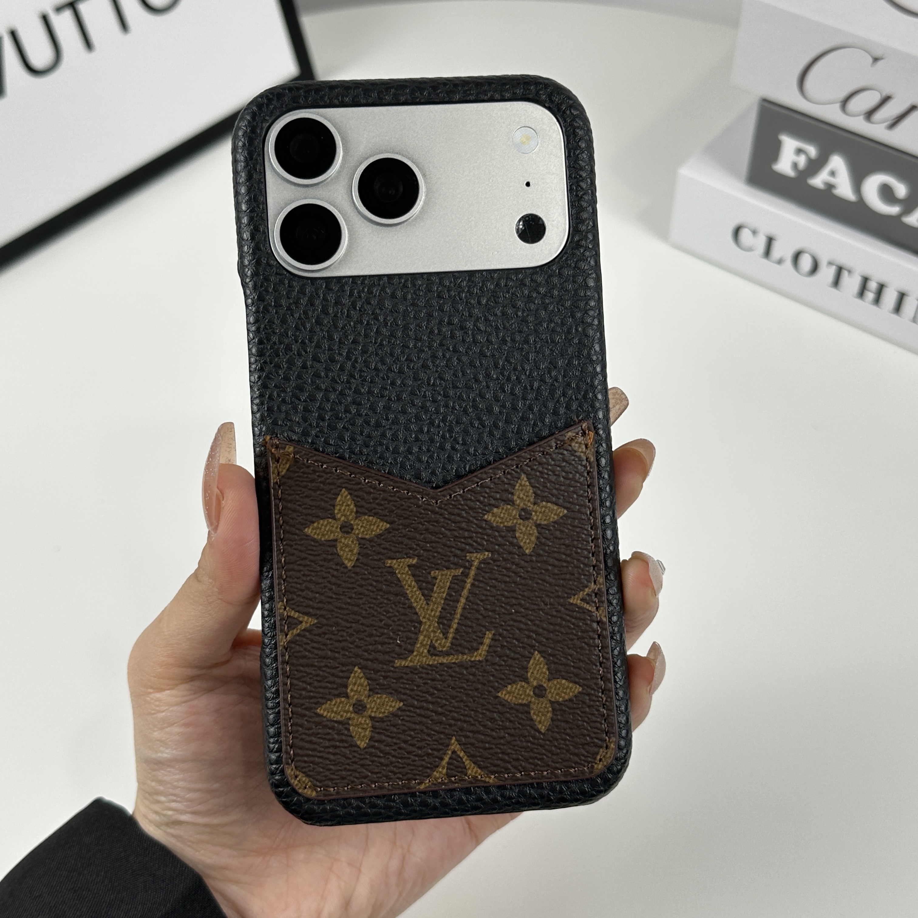 Premium Leather Monogram iPhone Case With Card Holder Big Printing For iPhone 17 Series-GELV092