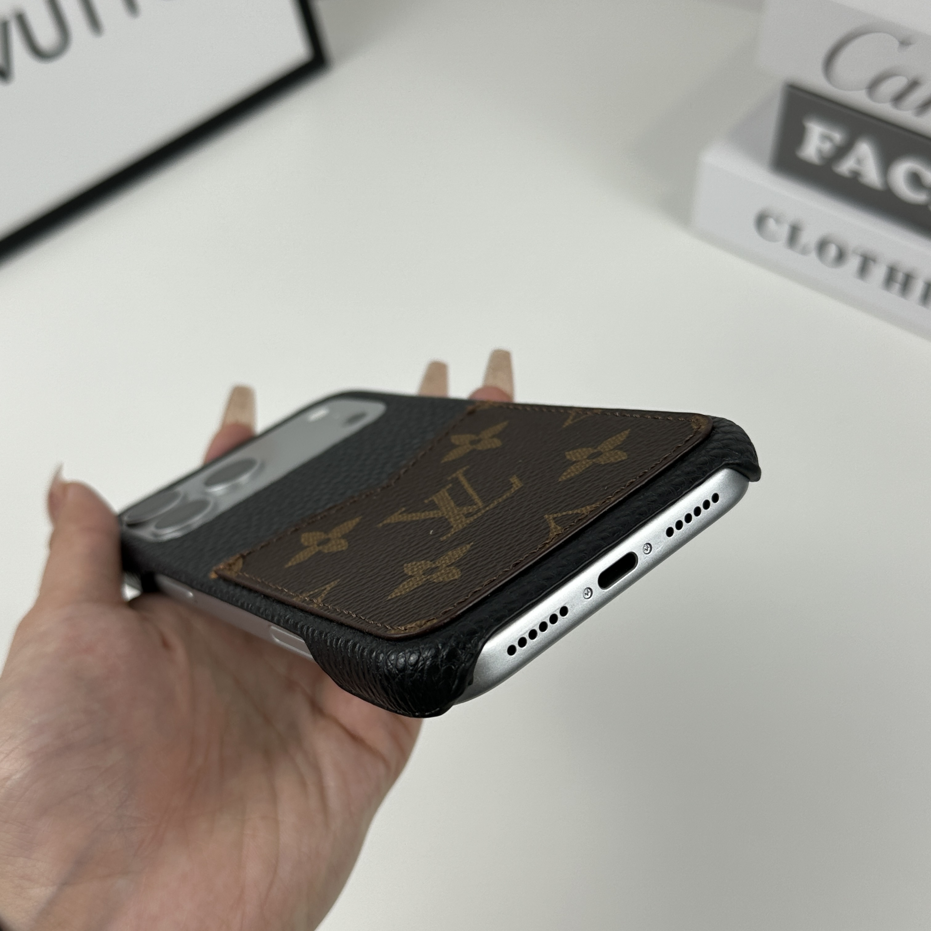 Premium Leather Monogram iPhone Case With Card Holder Big Printing For iPhone 17 Series-GELV092