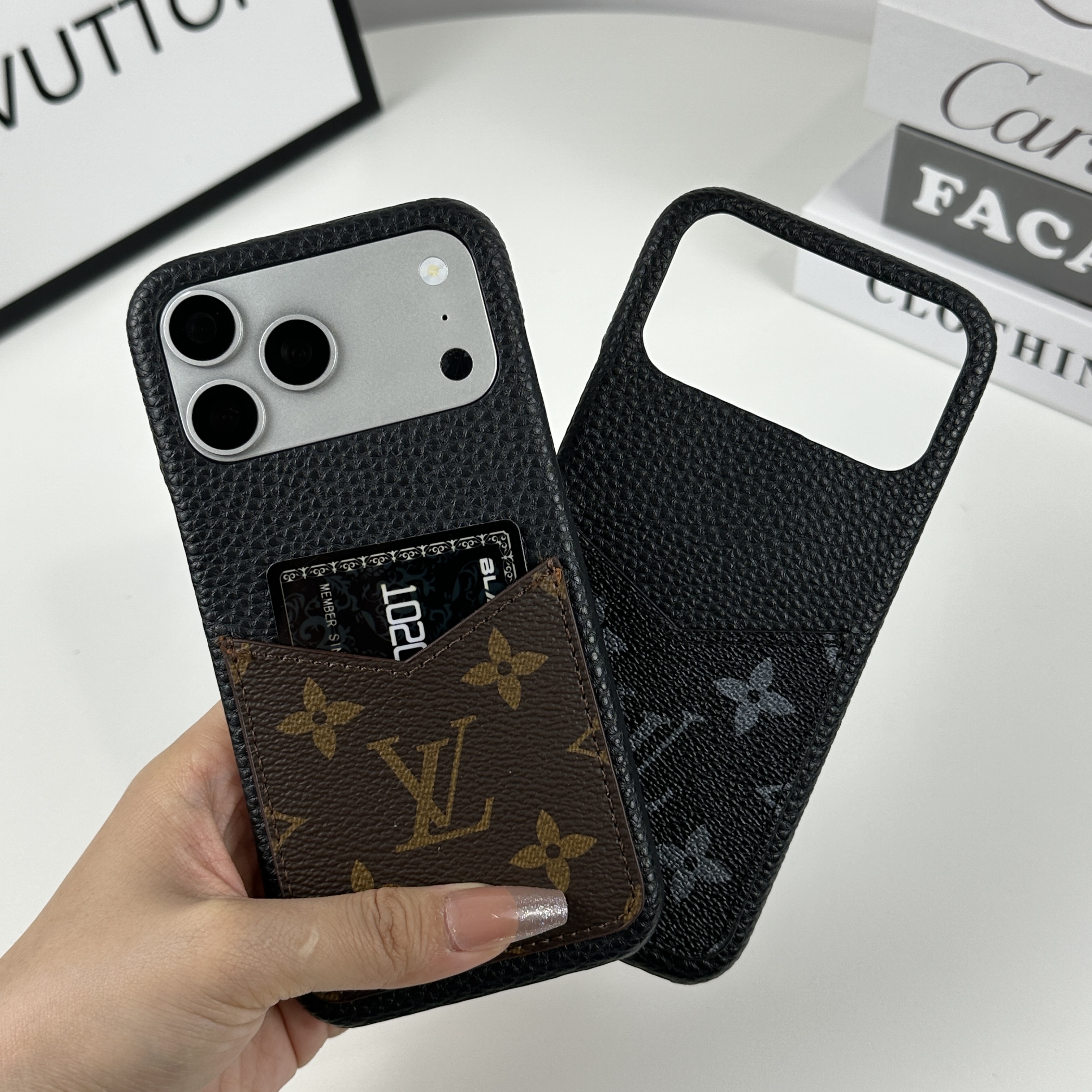 Premium Leather Monogram iPhone Case With Card Holder Big Printing For iPhone 17 Series-GELV092