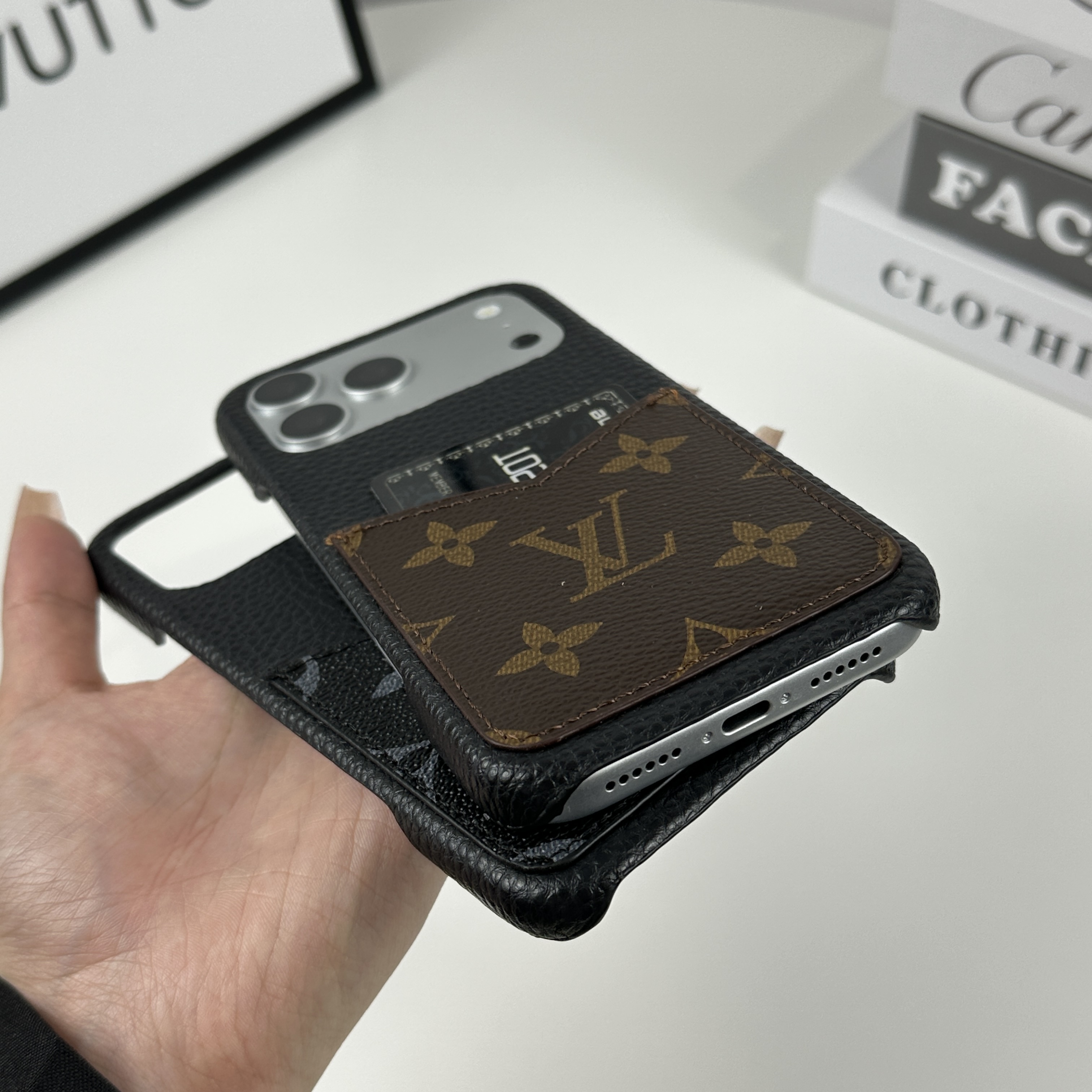 Premium Leather Monogram iPhone Case With Card Holder Big Printing For iPhone 17 Series-GELV092