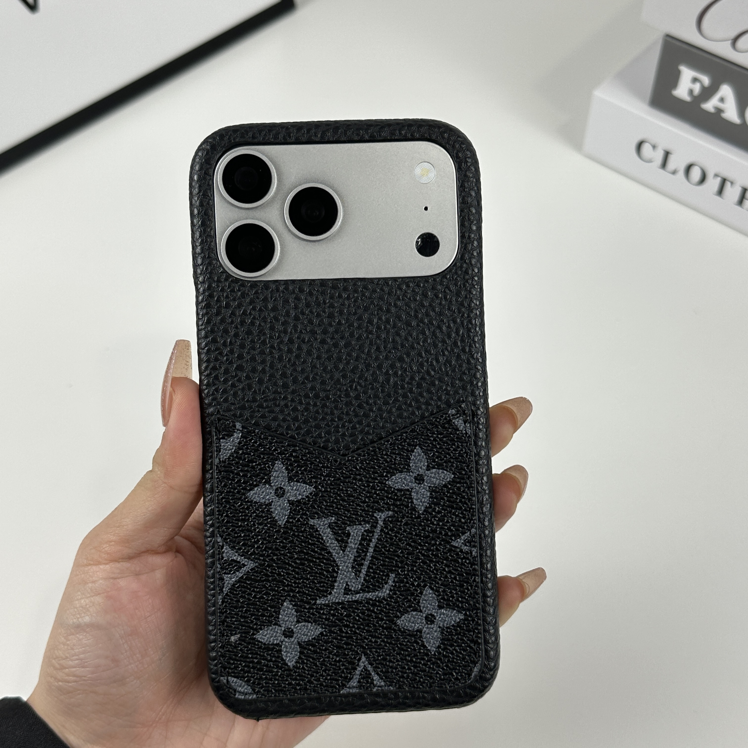 Leather Monogram iPhone Case With Card Holder Black Printing For iPhone 17 Series-GELV093
