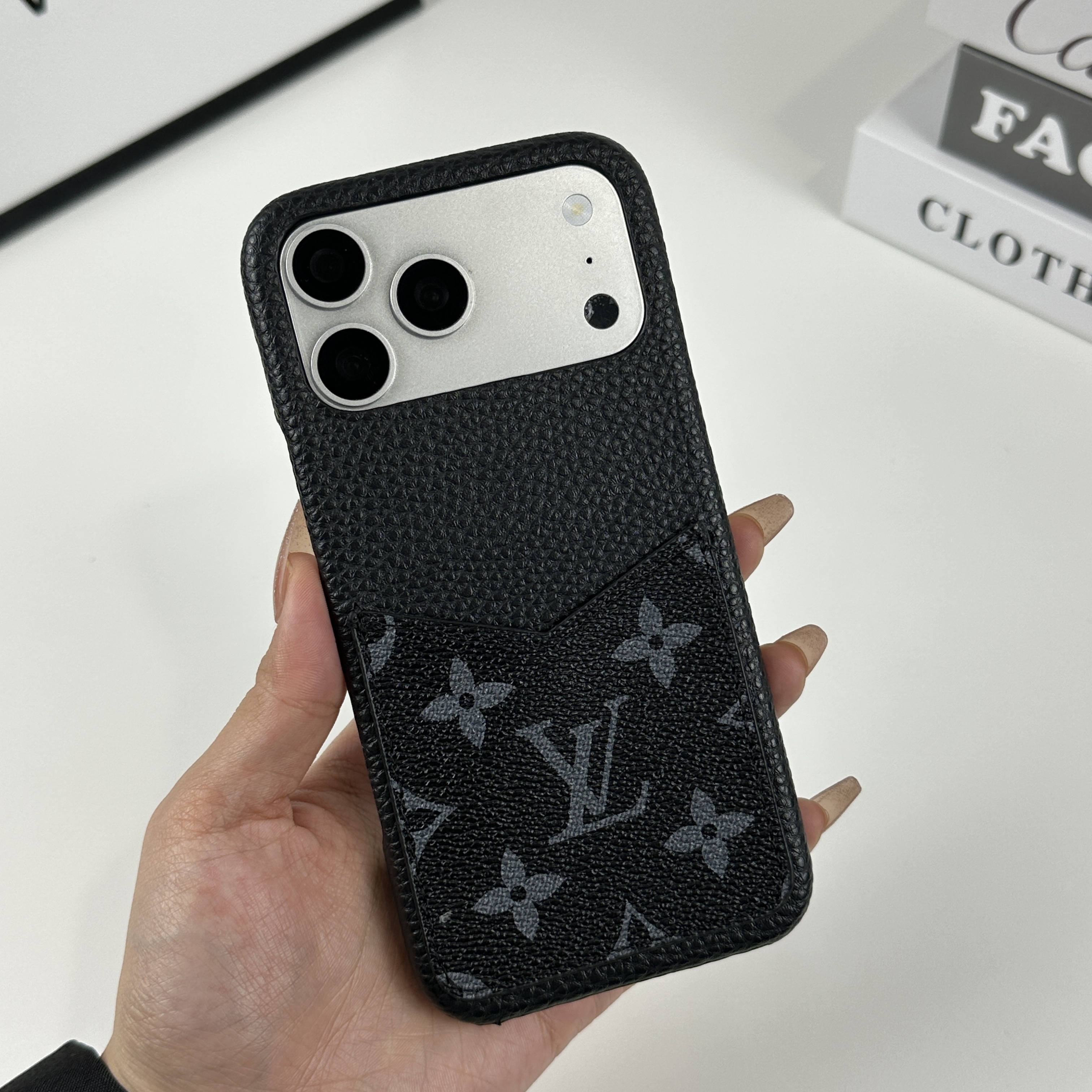 Leather Monogram iPhone Case With Card Holder Black Printing For iPhone 17 Series-GELV093