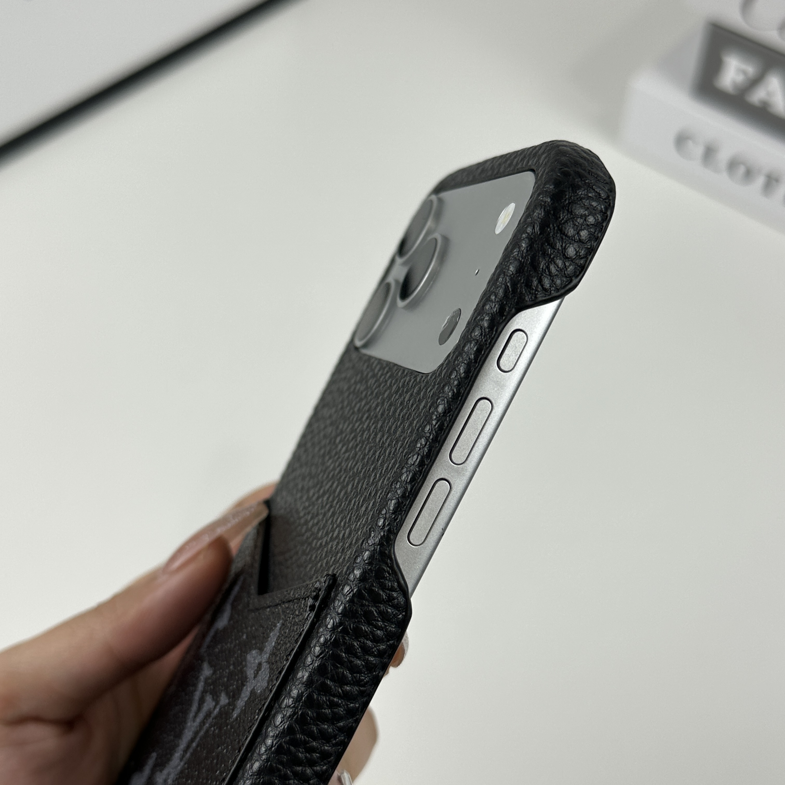 Leather Monogram iPhone Case With Card Holder Black Printing For iPhone 17 Series-GELV093