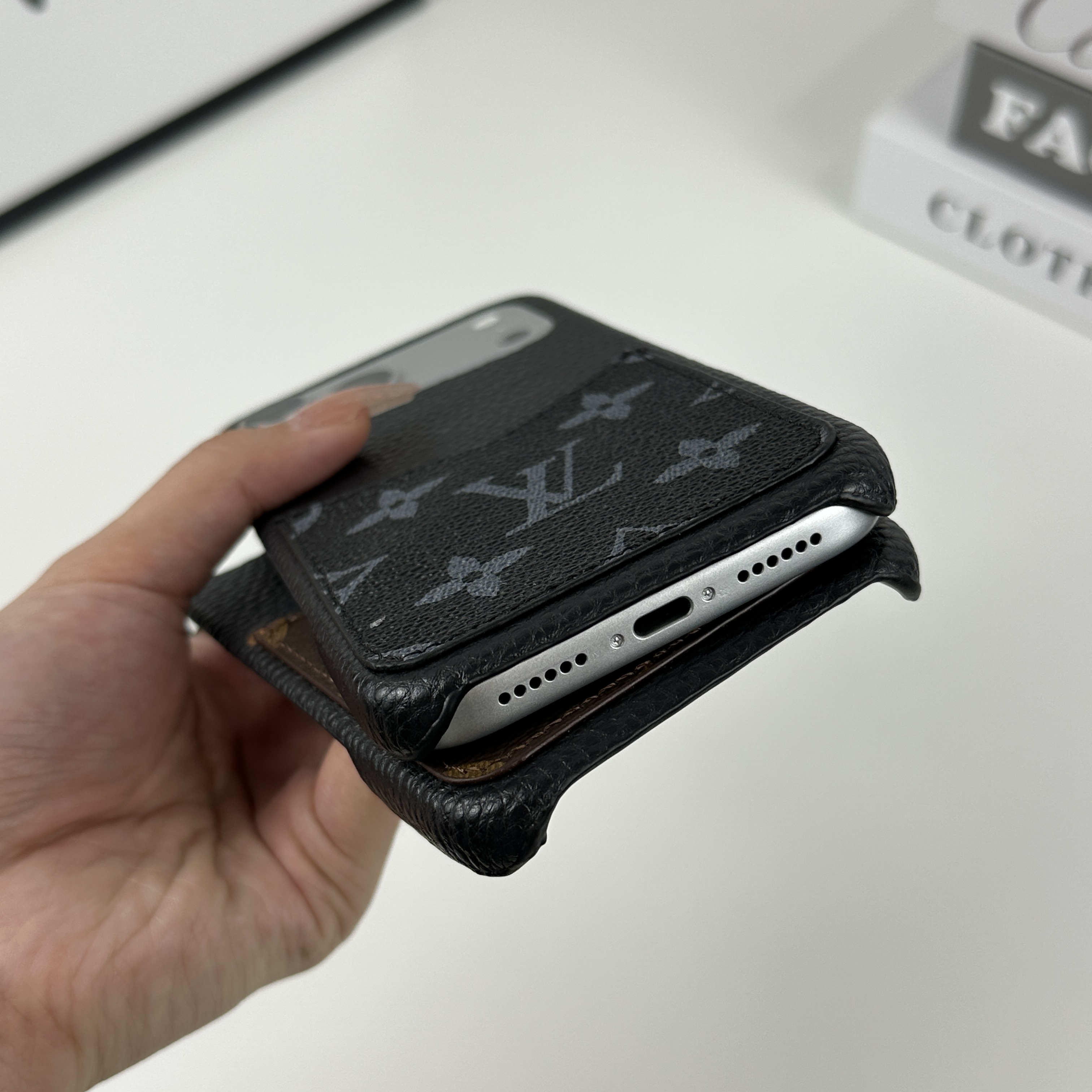 Leather Monogram iPhone Case With Card Holder Black Printing For iPhone 17 Series-GELV093