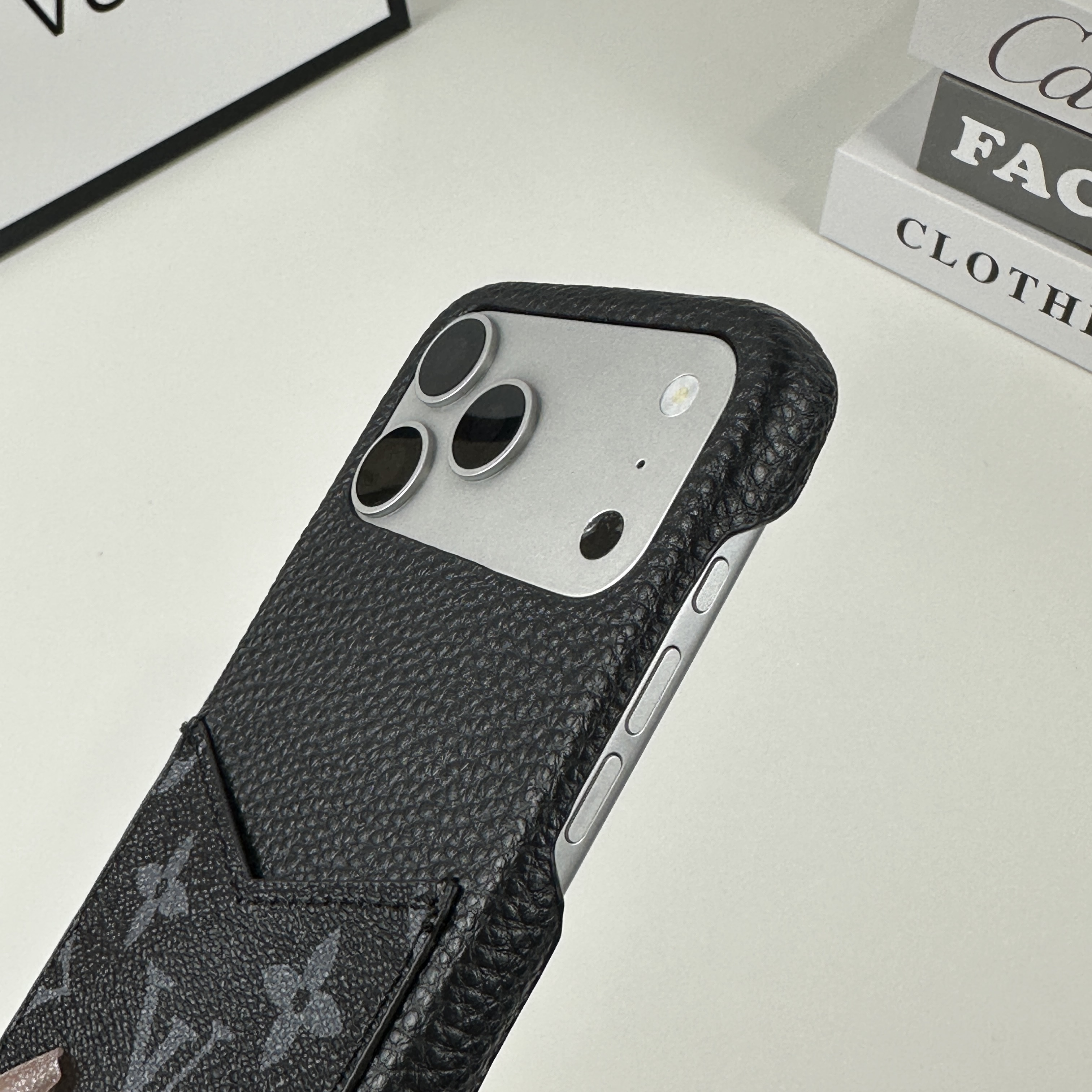 Leather Monogram iPhone Case With Card Holder Black Printing For iPhone 17 Series-GELV093