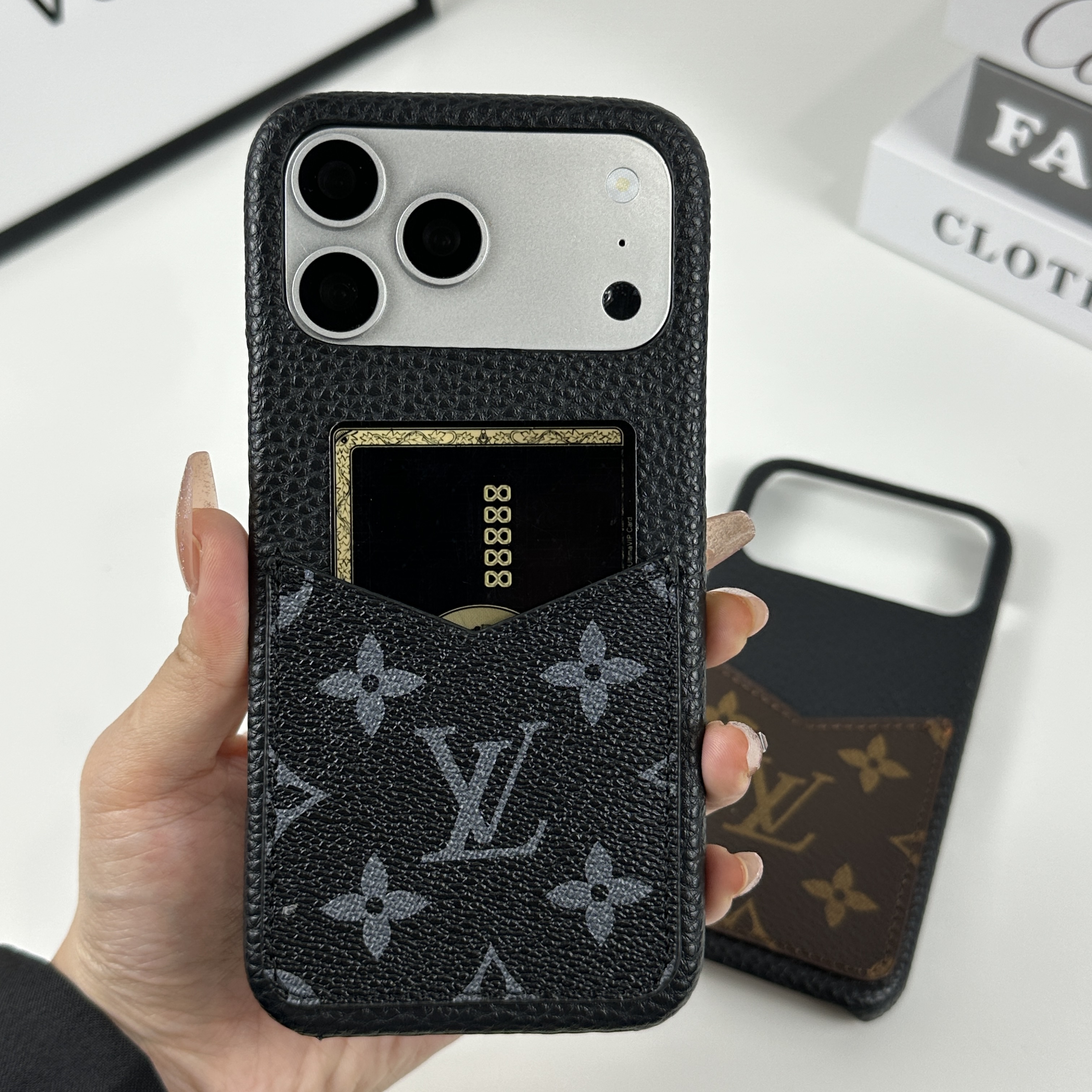 Leather Monogram iPhone Case With Card Holder Black Printing For iPhone 17 Series-GELV093