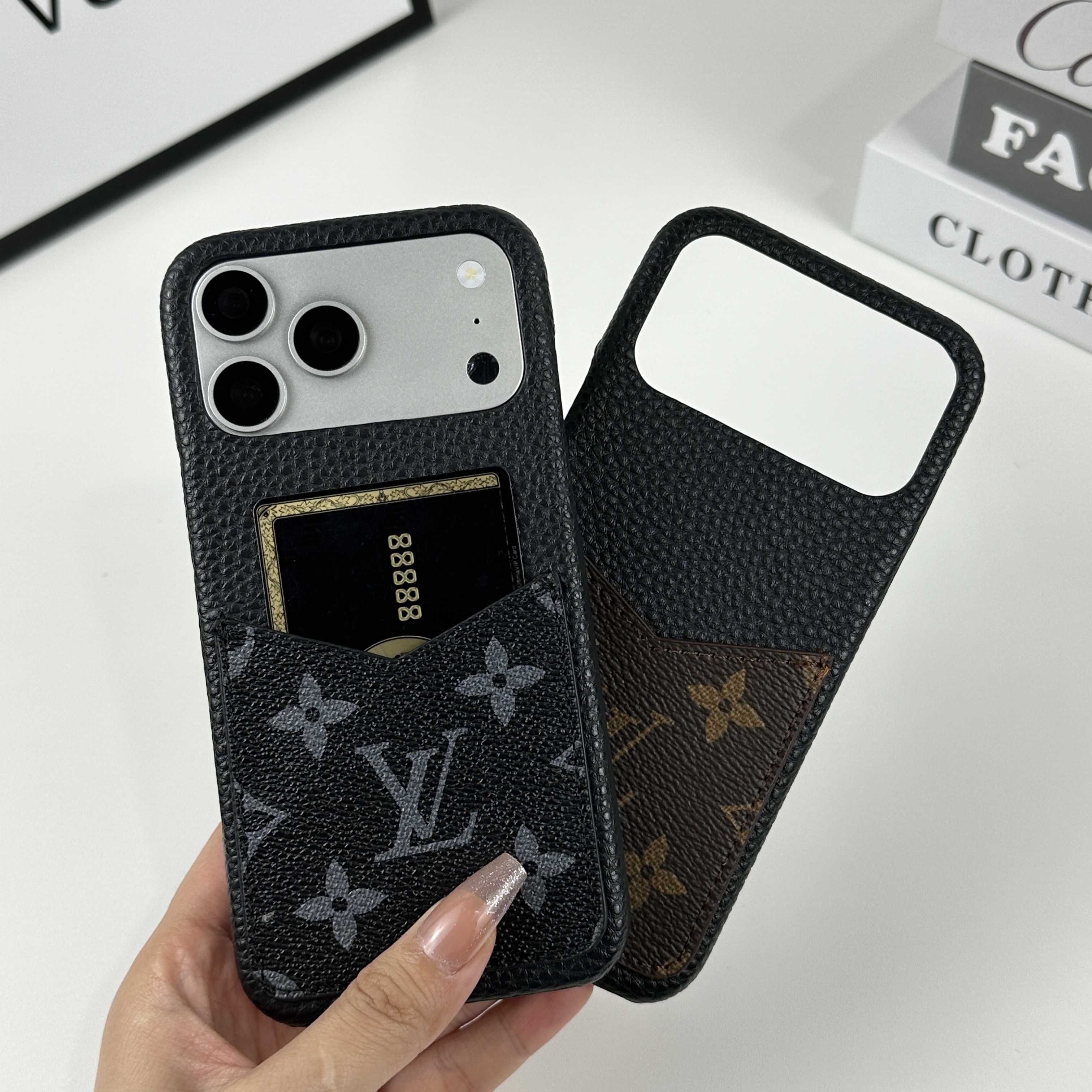 Leather Monogram iPhone Case With Card Holder Black Printing For iPhone 17 Series-GELV093