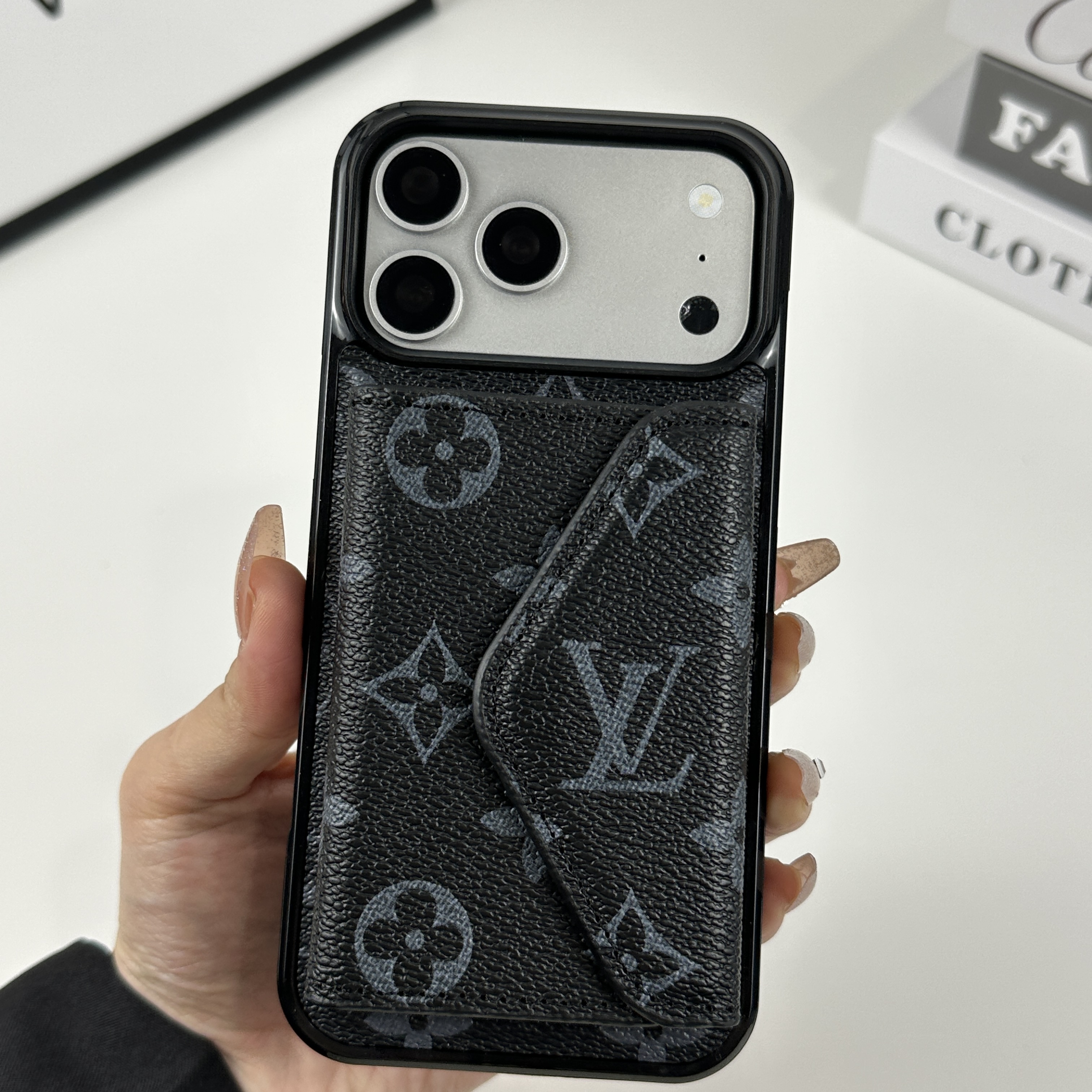 Luxury Leather Monogram iPhone Case With Card Holder Black Printing For iPhone 17 Series-GELV094