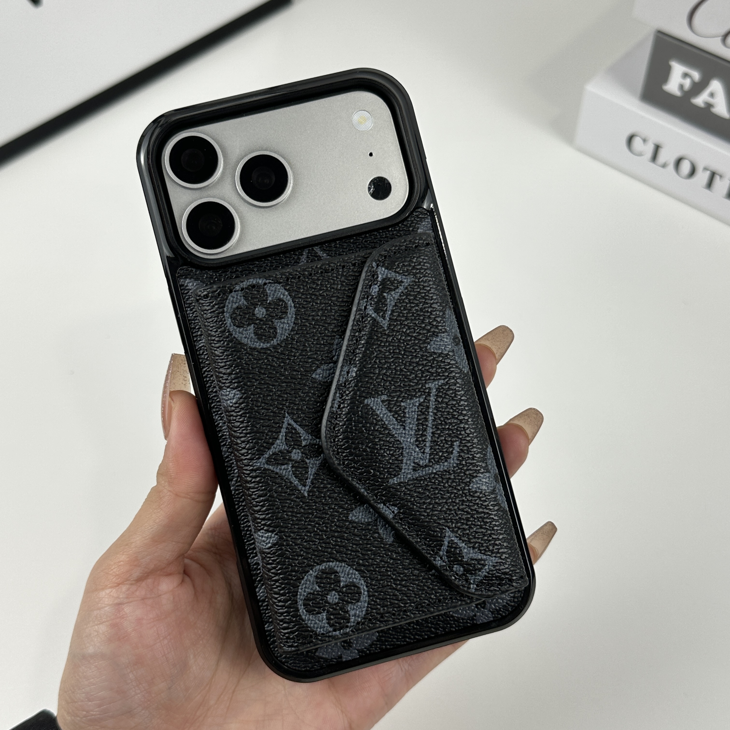 Luxury Leather Monogram iPhone Case With Card Holder Black Printing For iPhone 17 Series-GELV094