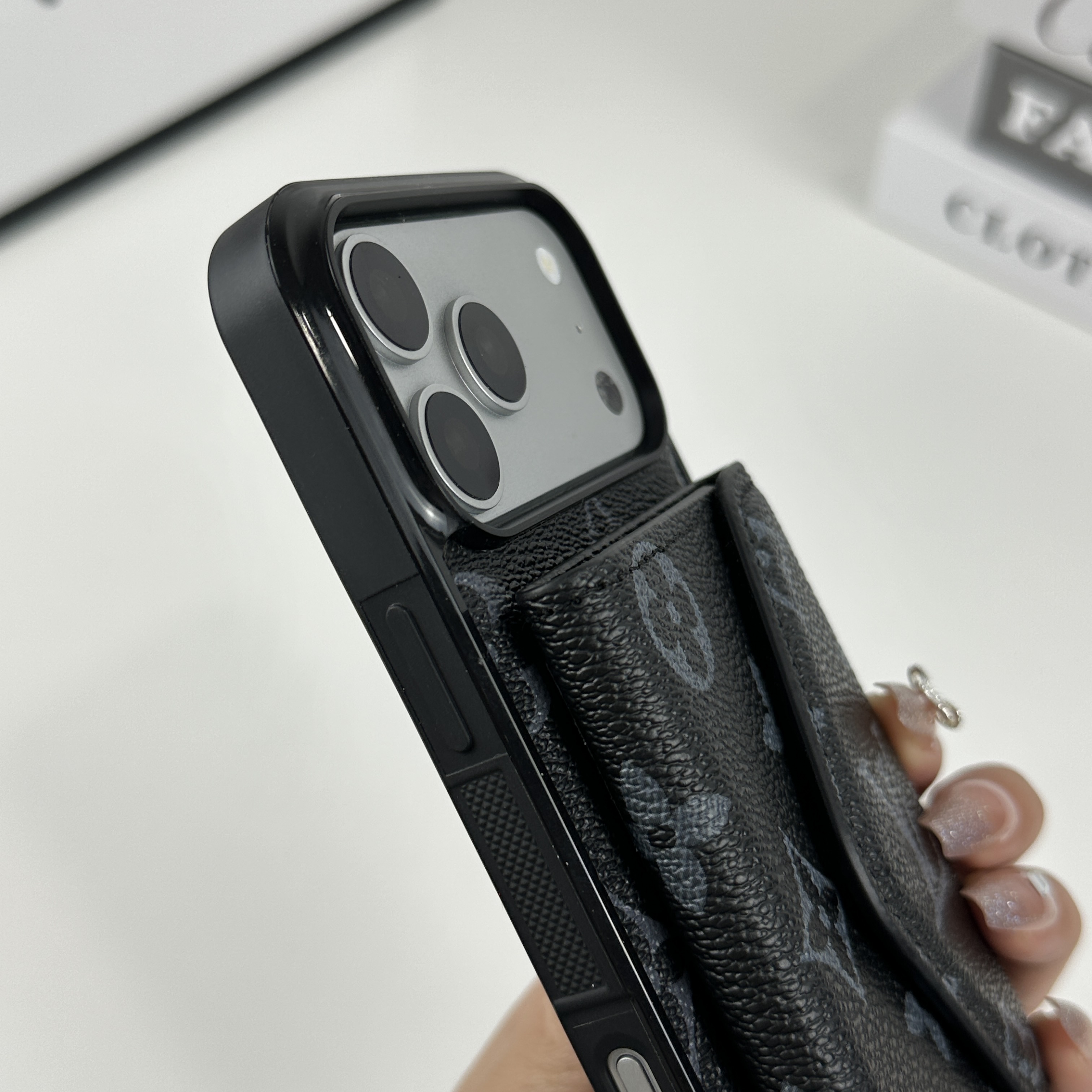 Luxury Leather Monogram iPhone Case With Card Holder Black Printing For iPhone 17 Series-GELV094