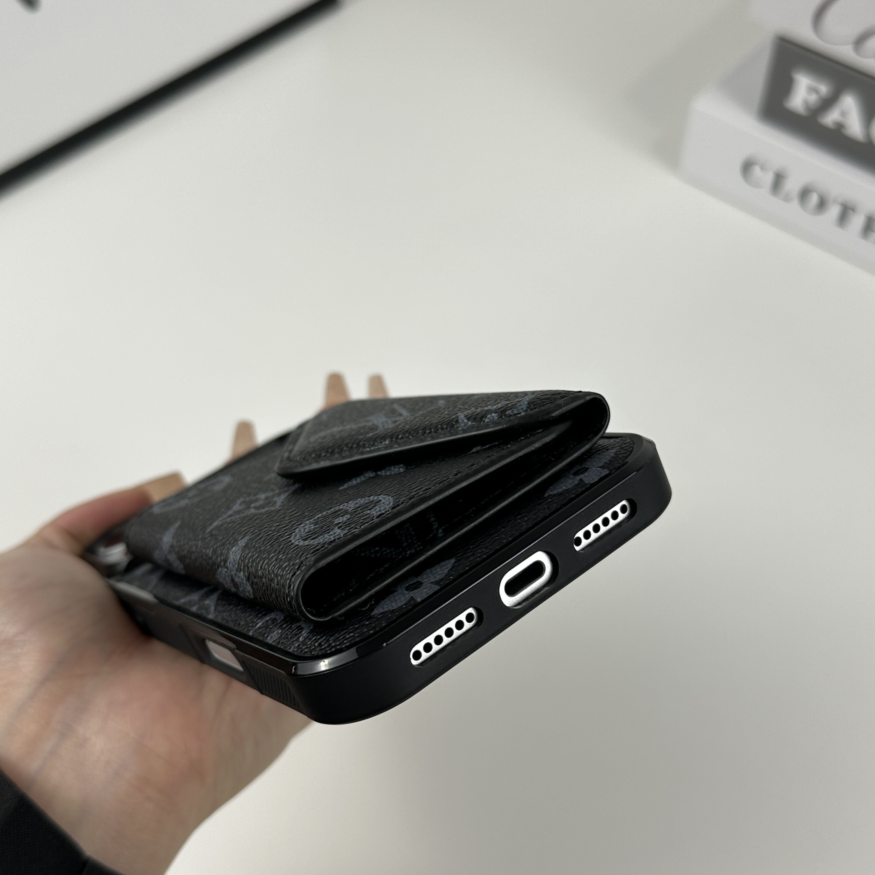 Luxury Leather Monogram iPhone Case With Card Holder Black Printing For iPhone 17 Series-GELV094