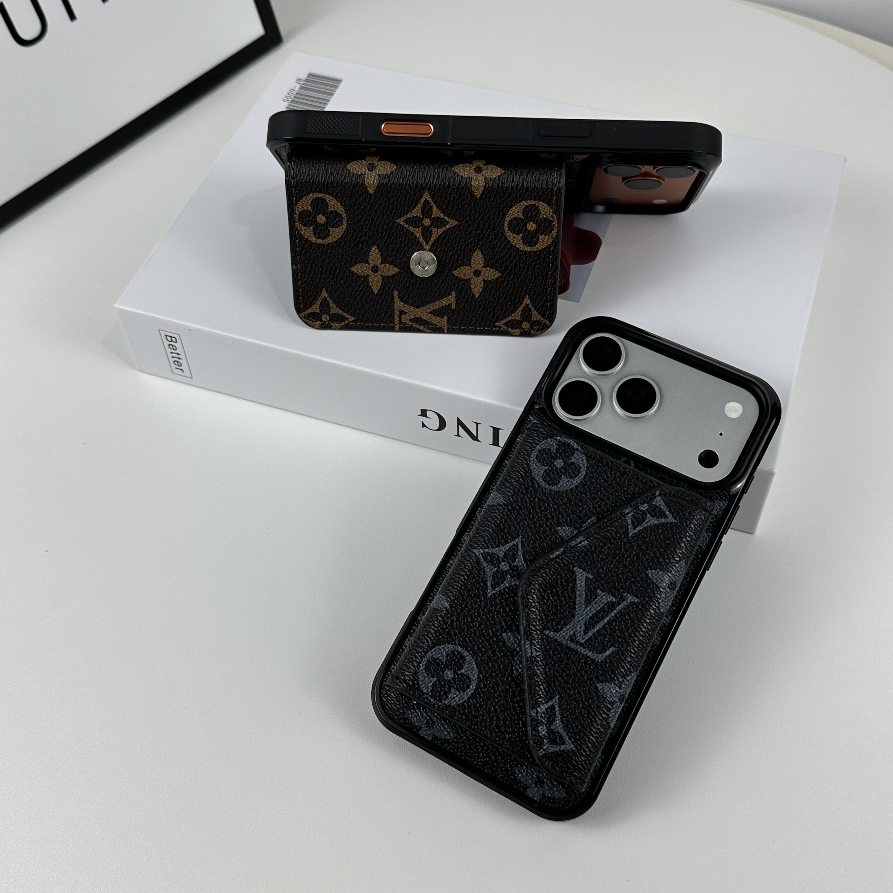 Luxury Leather Monogram iPhone Case With Card Holder Black Printing For iPhone 17 Series-GELV094
