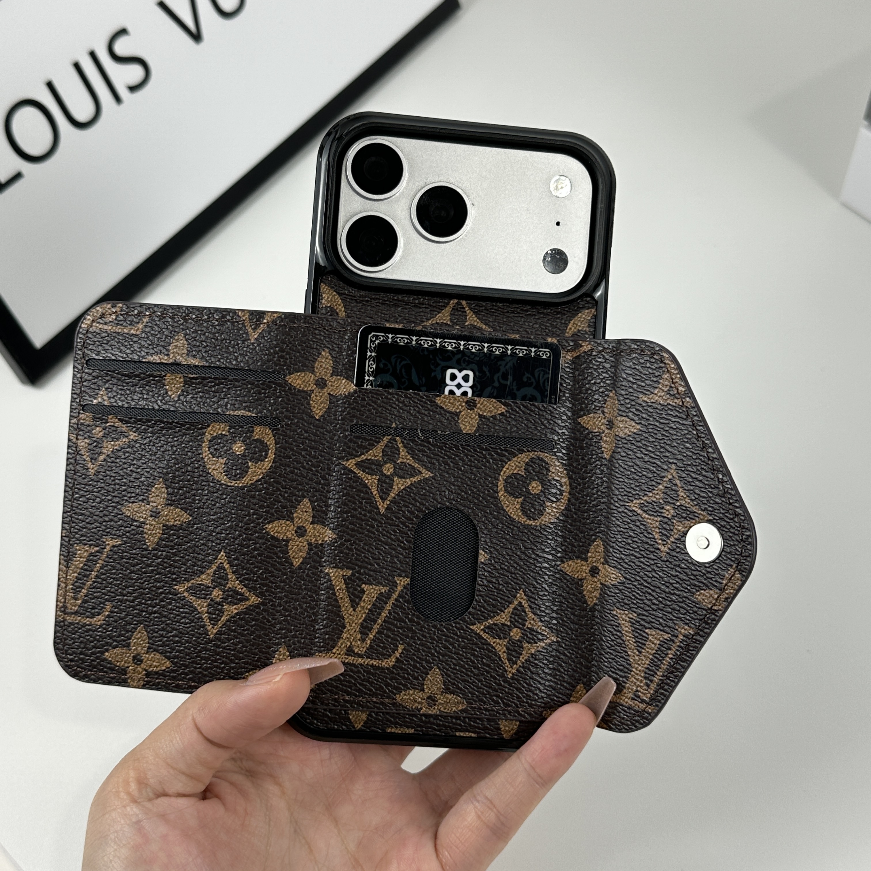 Classic Leather Monogram iPhone Case With Wallet Big Printing For iPhone 17 Series-GELV095