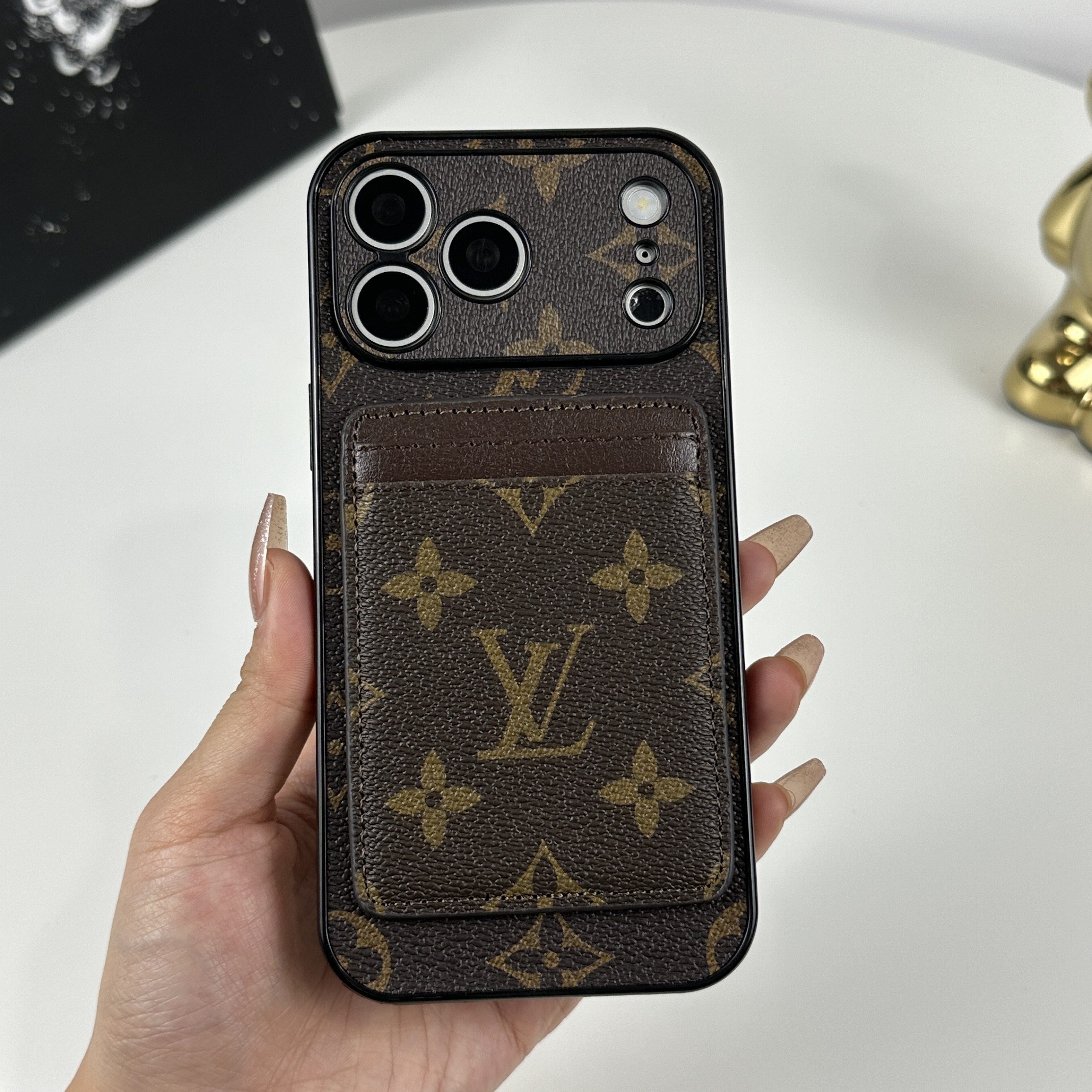 Elegant Leather Monogram iPhone Case With Magnetic Card Holder Big Printing For iPhone 17 Series-GELV096