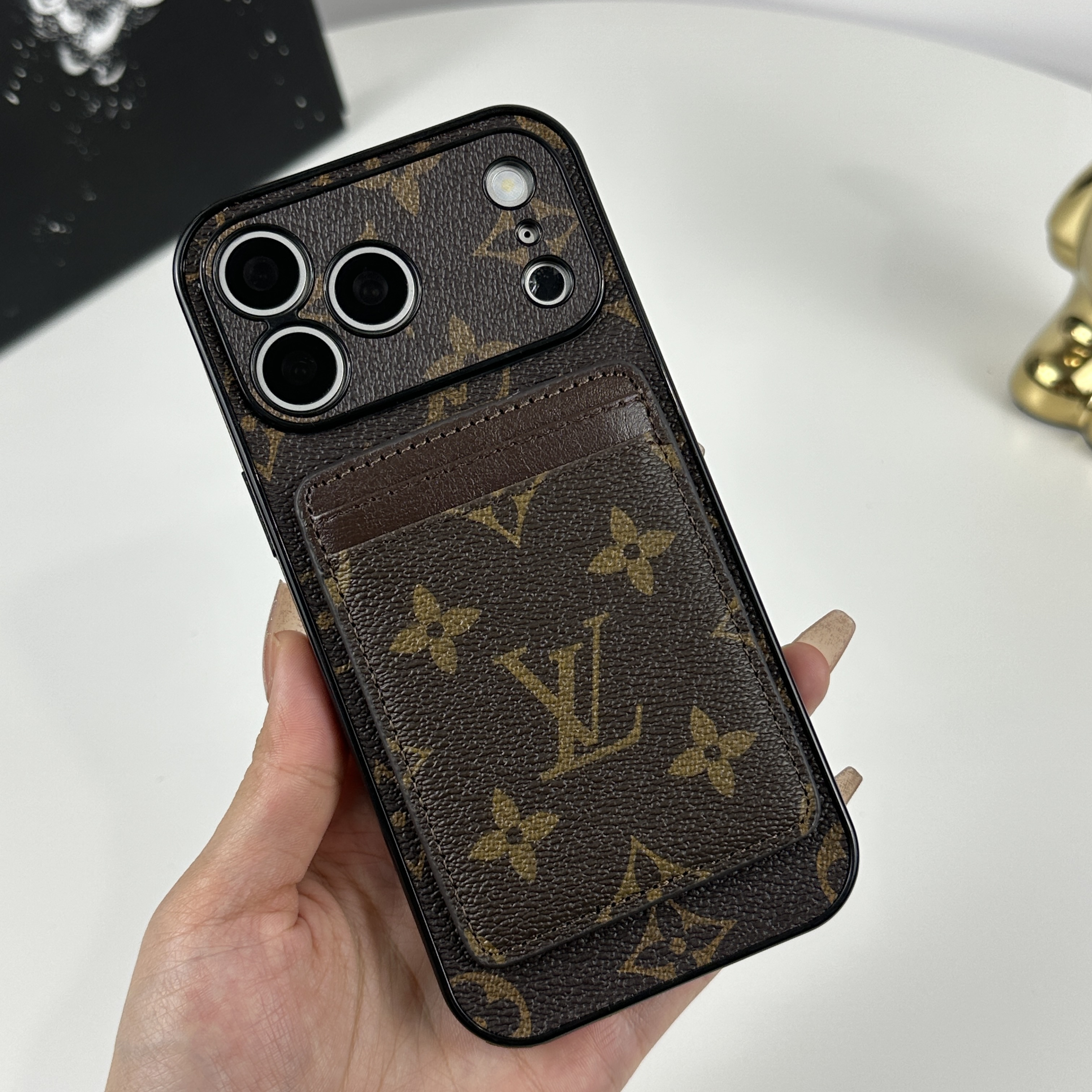 Elegant Leather Monogram iPhone Case With Magnetic Card Holder Big Printing For iPhone 17 Series-GELV096