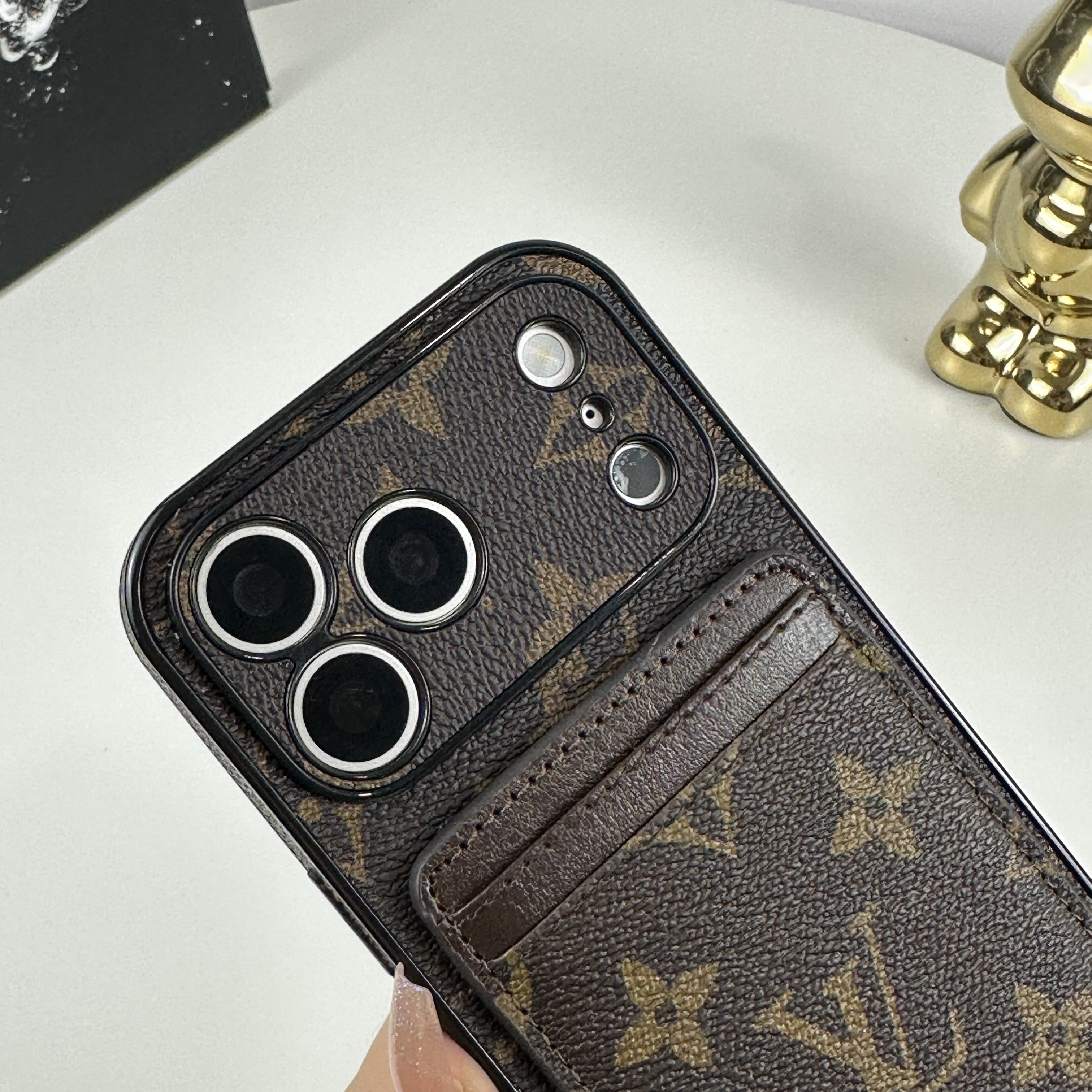 Elegant Leather Monogram iPhone Case With Magnetic Card Holder Big Printing For iPhone 17 Series-GELV096