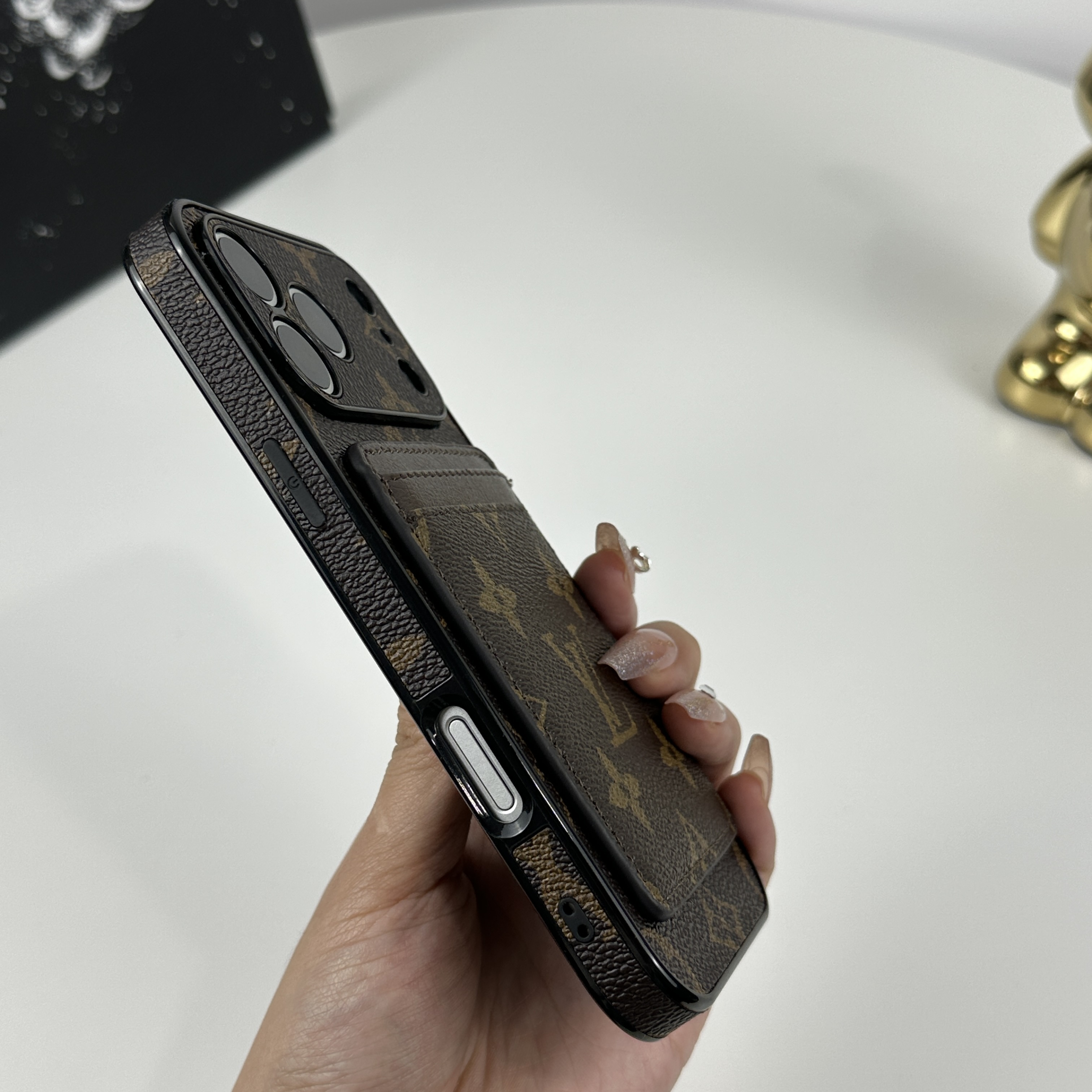 Elegant Leather Monogram iPhone Case With Magnetic Card Holder Big Printing For iPhone 17 Series-GELV096