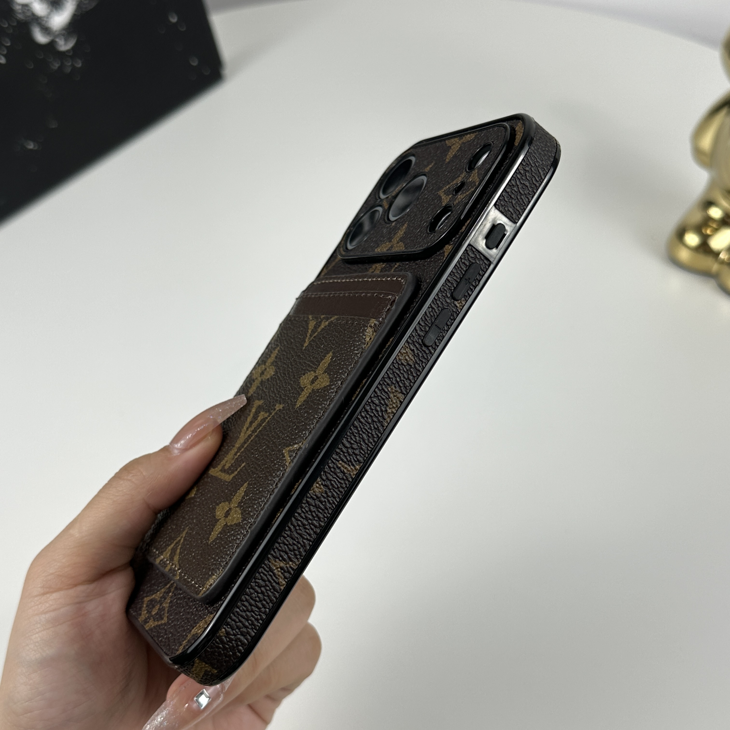 Elegant Leather Monogram iPhone Case With Magnetic Card Holder Big Printing For iPhone 17 Series-GELV096