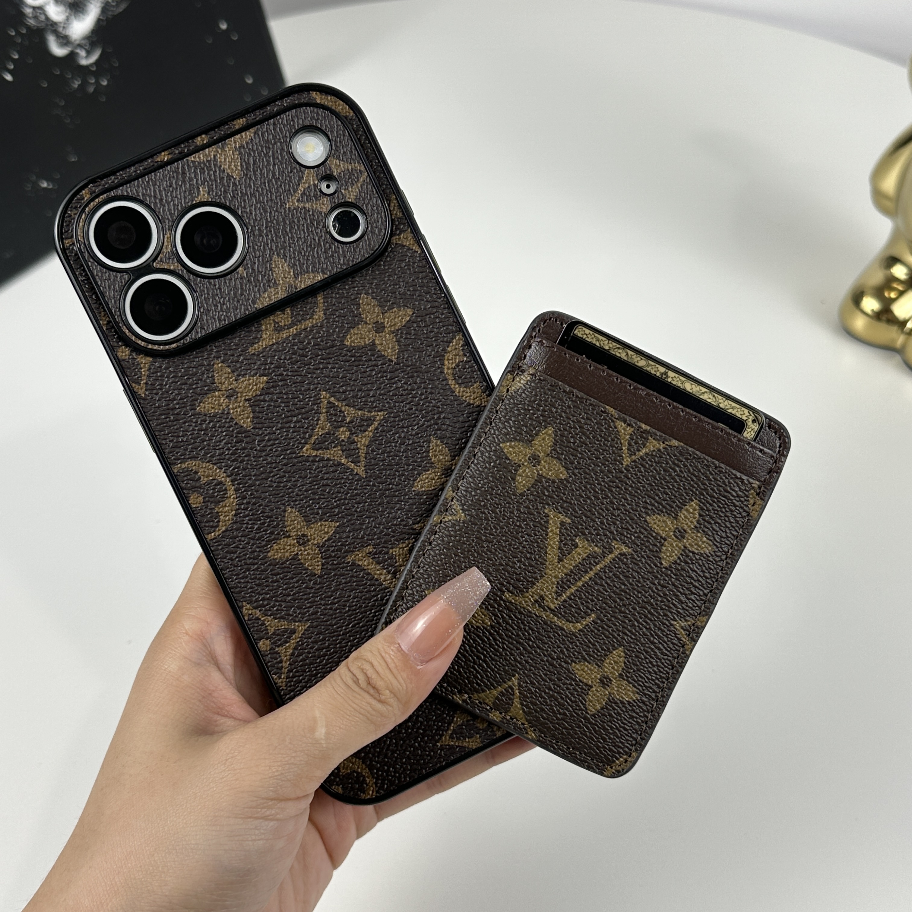Elegant Leather Monogram iPhone Case With Magnetic Card Holder Big Printing For iPhone 17 Series-GELV096