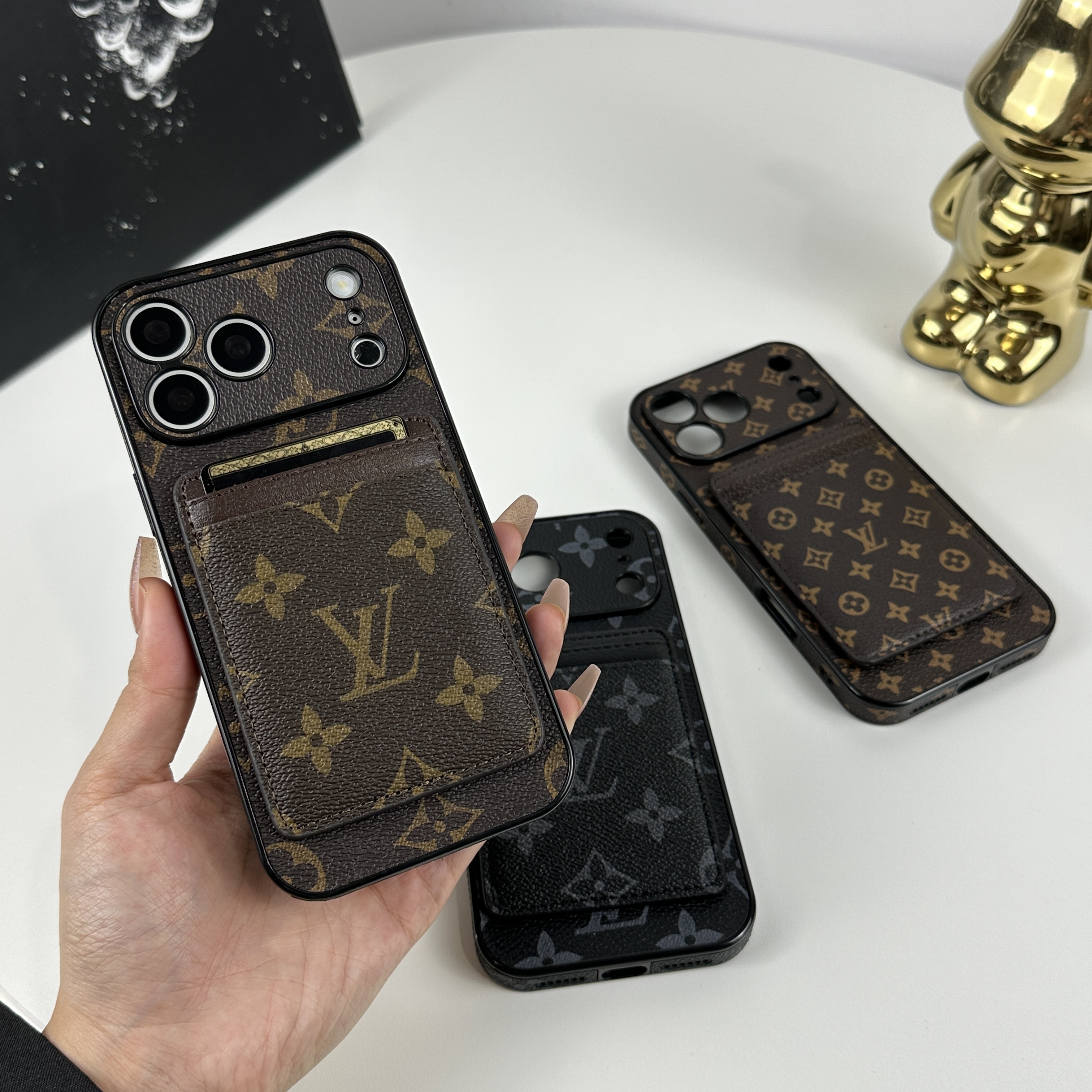 Elegant Leather Monogram iPhone Case With Magnetic Card Holder Big Printing For iPhone 17 Series-GELV096
