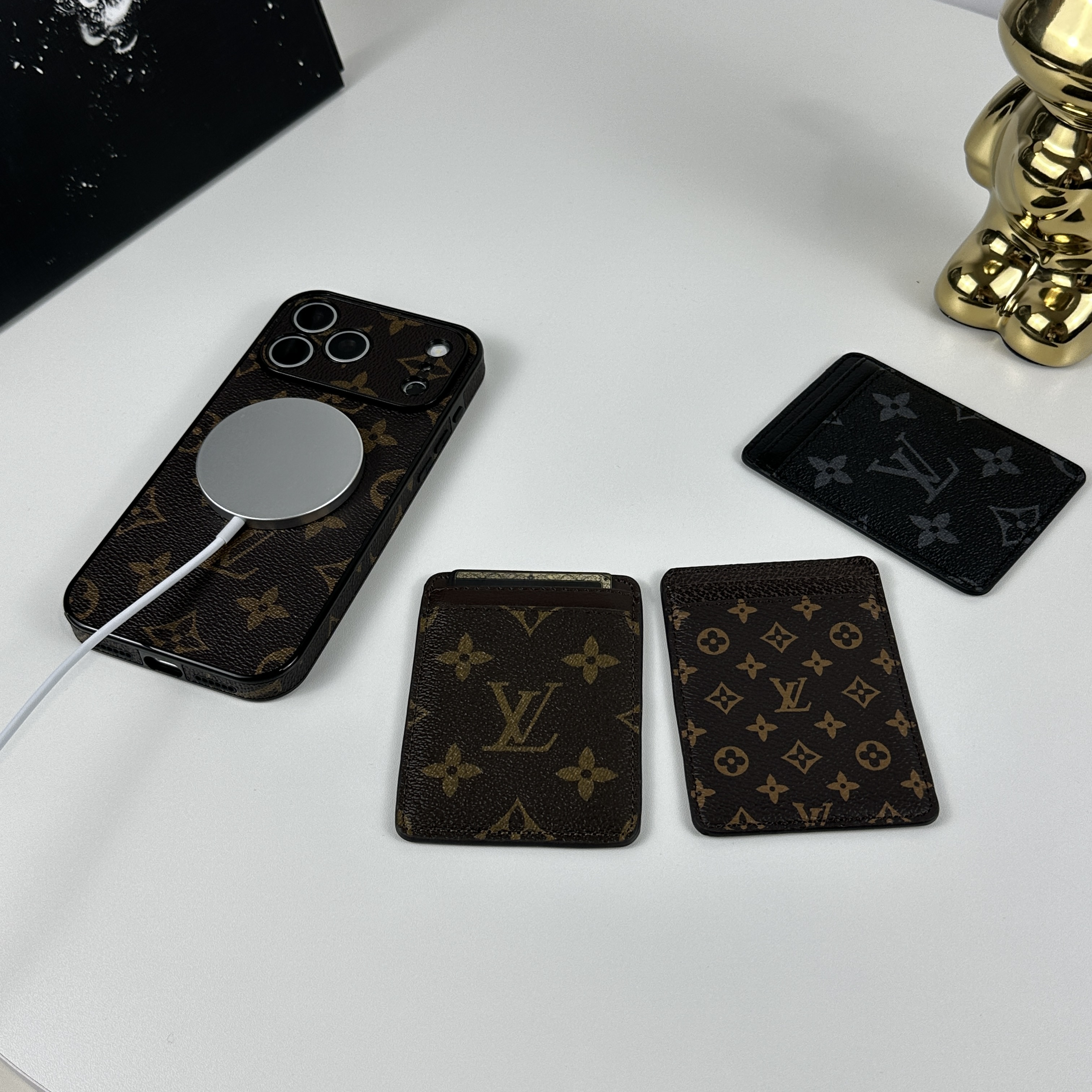 Elegant Leather Monogram iPhone Case With Magnetic Card Holder Big Printing For iPhone 17 Series-GELV096