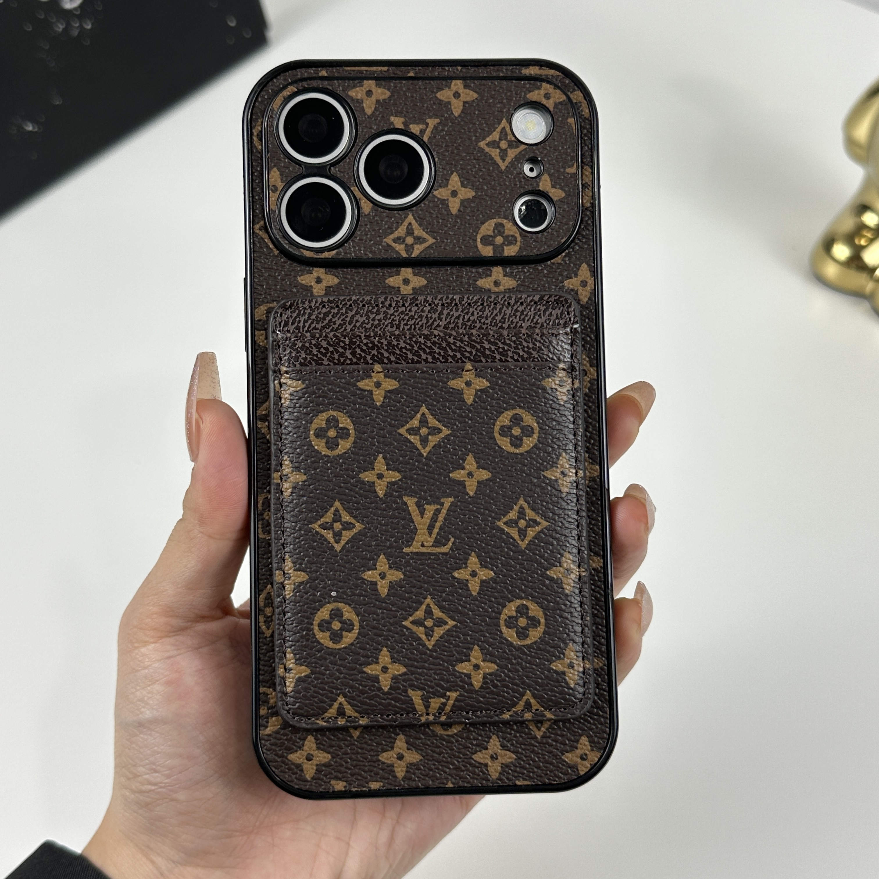 Stylish Leather Monogram iPhone Case With Magnetic Card Holder Small Printing For iPhone 17 Series-GELV097