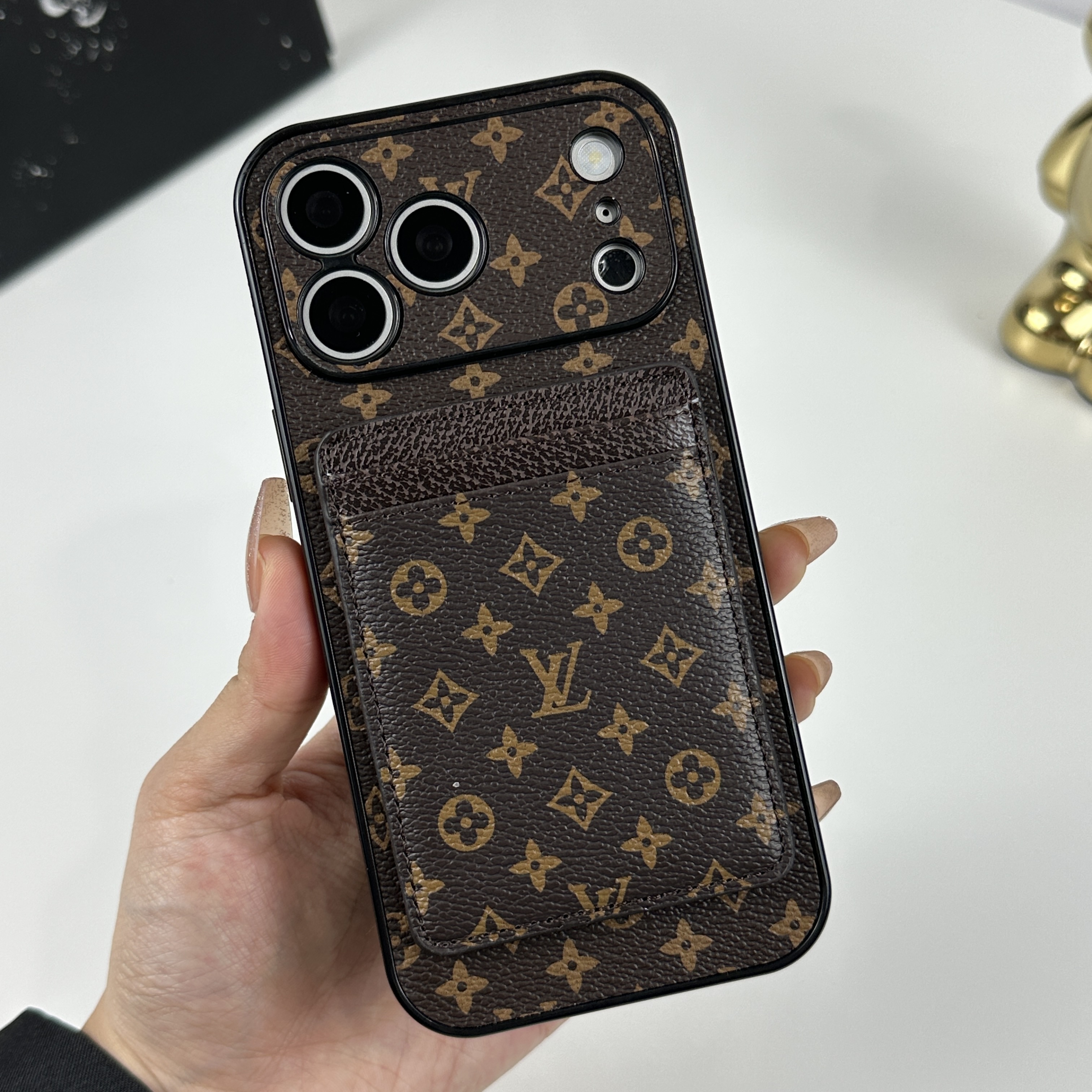 Stylish Leather Monogram iPhone Case With Magnetic Card Holder Small Printing For iPhone 17 Series-GELV097