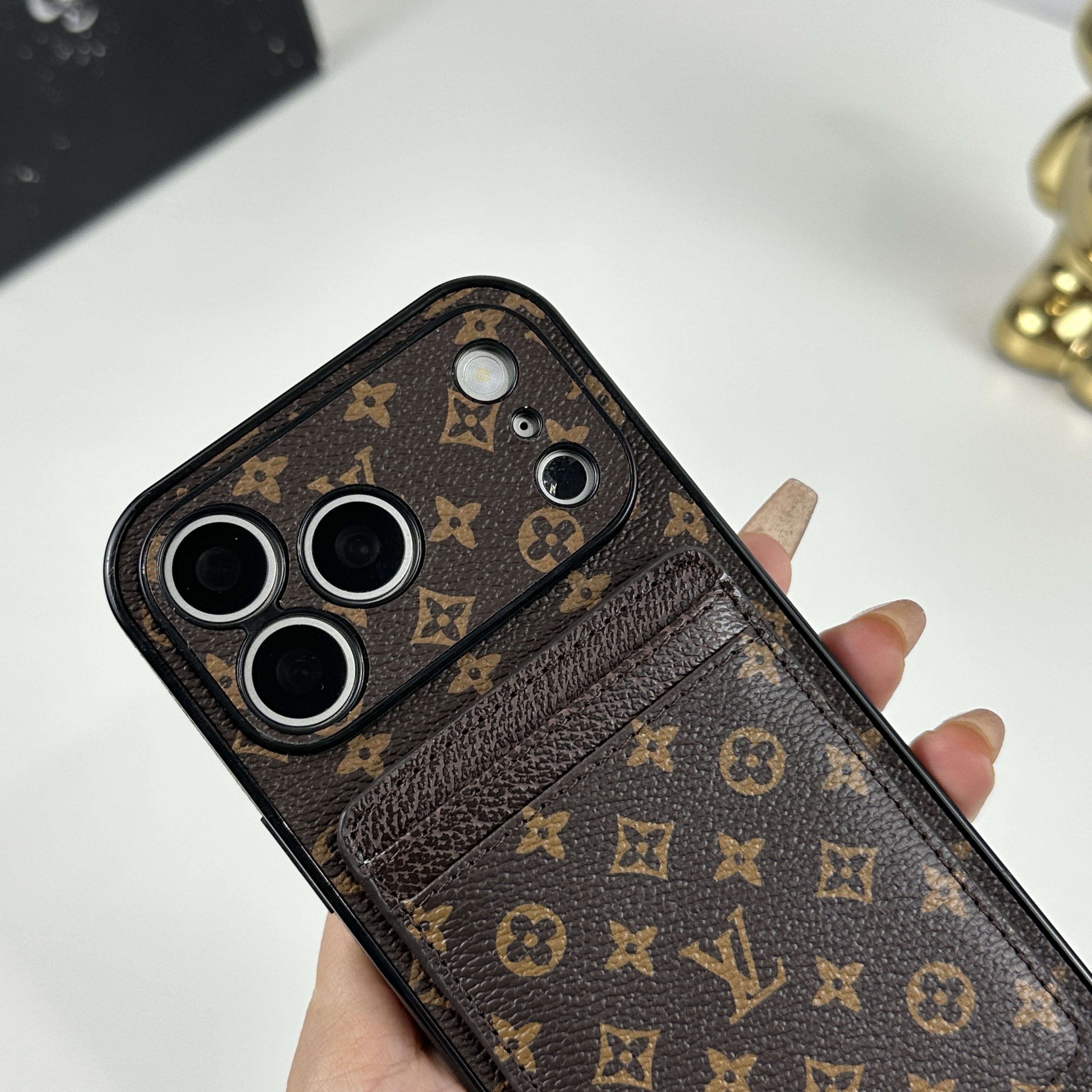 Stylish Leather Monogram iPhone Case With Magnetic Card Holder Small Printing For iPhone 17 Series-GELV097