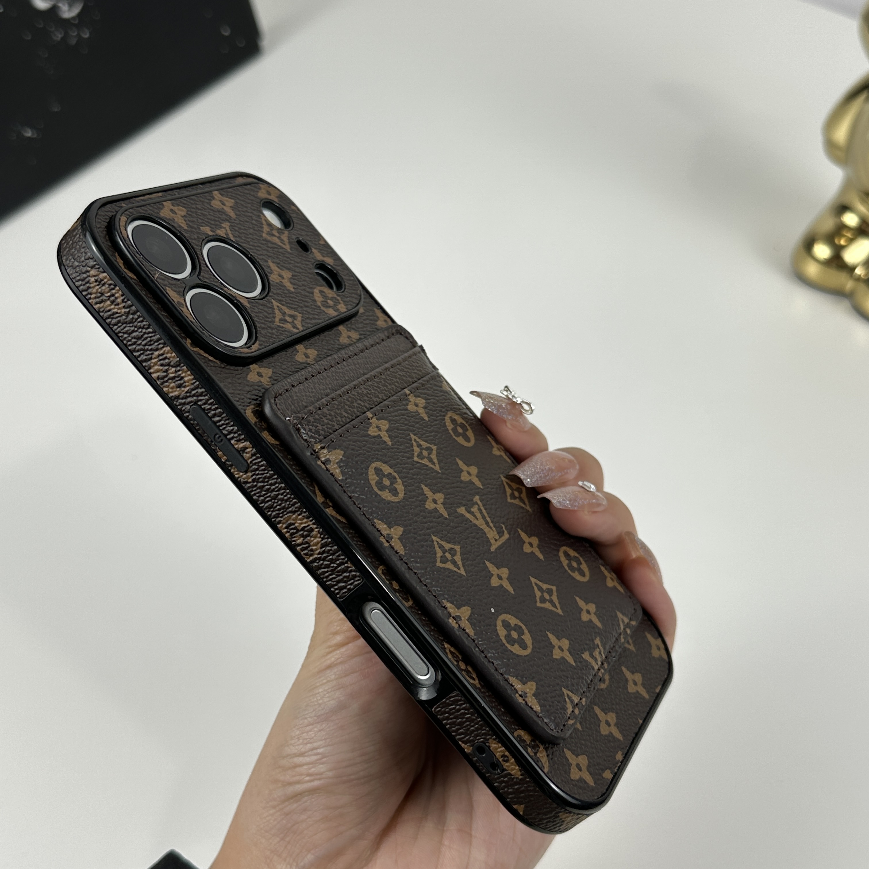 Stylish Leather Monogram iPhone Case With Magnetic Card Holder Small Printing For iPhone 17 Series-GELV097