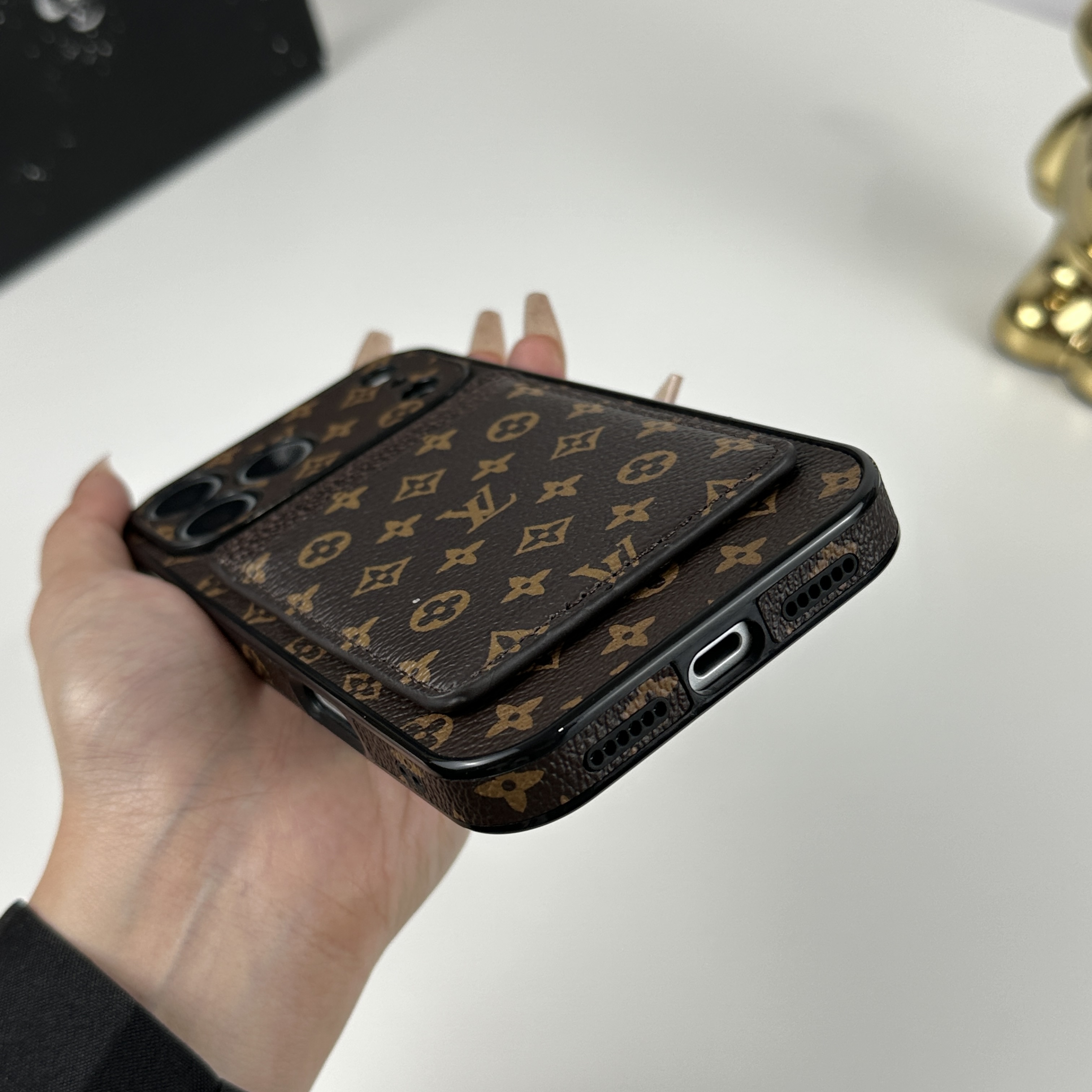 Stylish Leather Monogram iPhone Case With Magnetic Card Holder Small Printing For iPhone 17 Series-GELV097