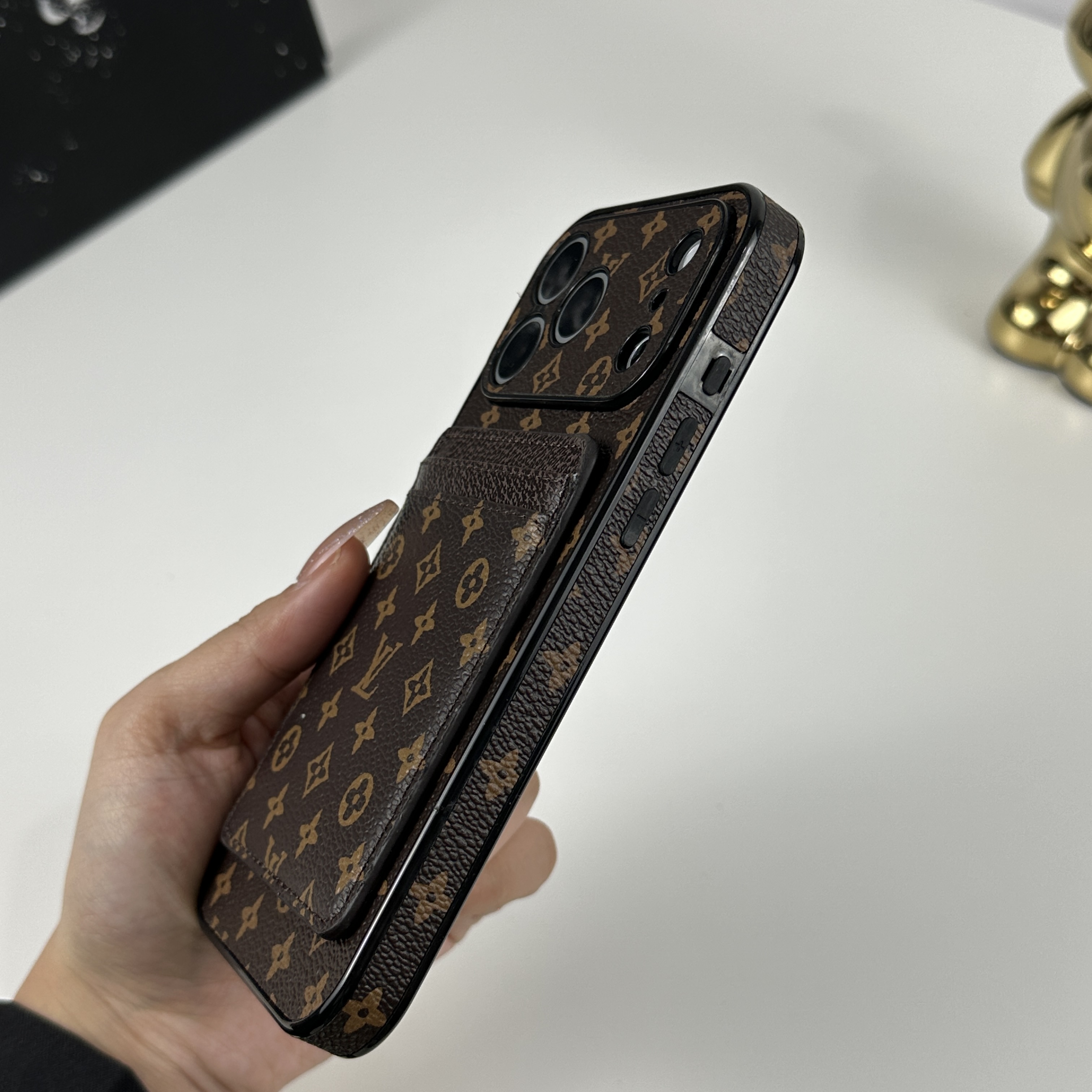 Stylish Leather Monogram iPhone Case With Magnetic Card Holder Small Printing For iPhone 17 Series-GELV097
