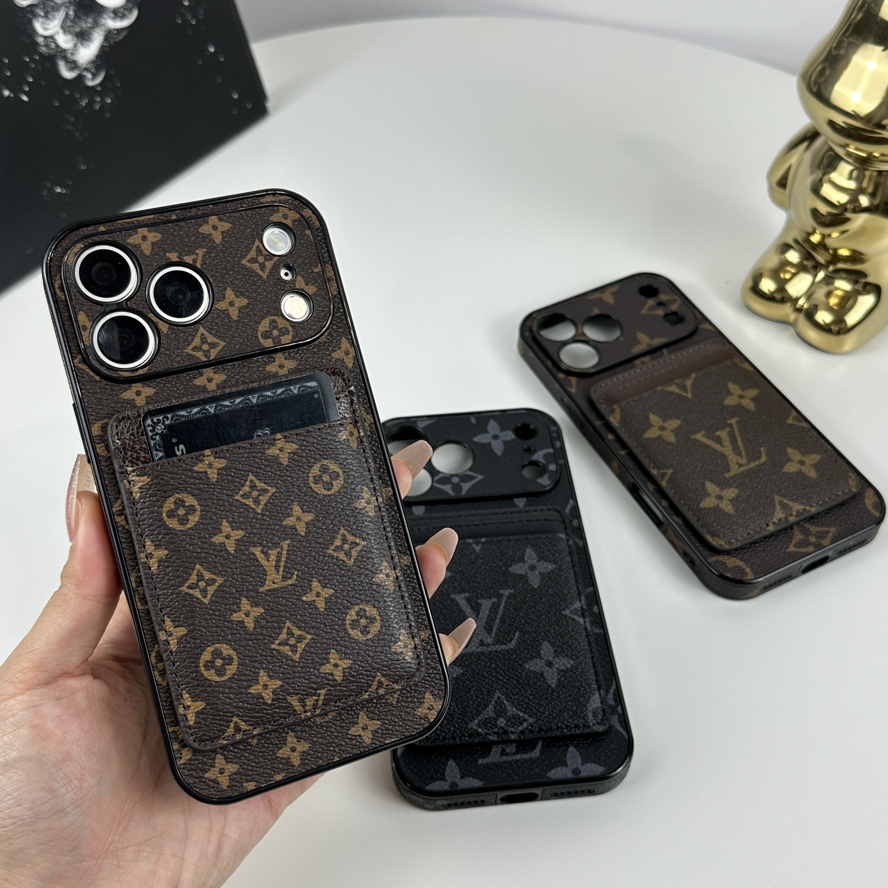 Stylish Leather Monogram iPhone Case With Magnetic Card Holder Small Printing For iPhone 17 Series-GELV097