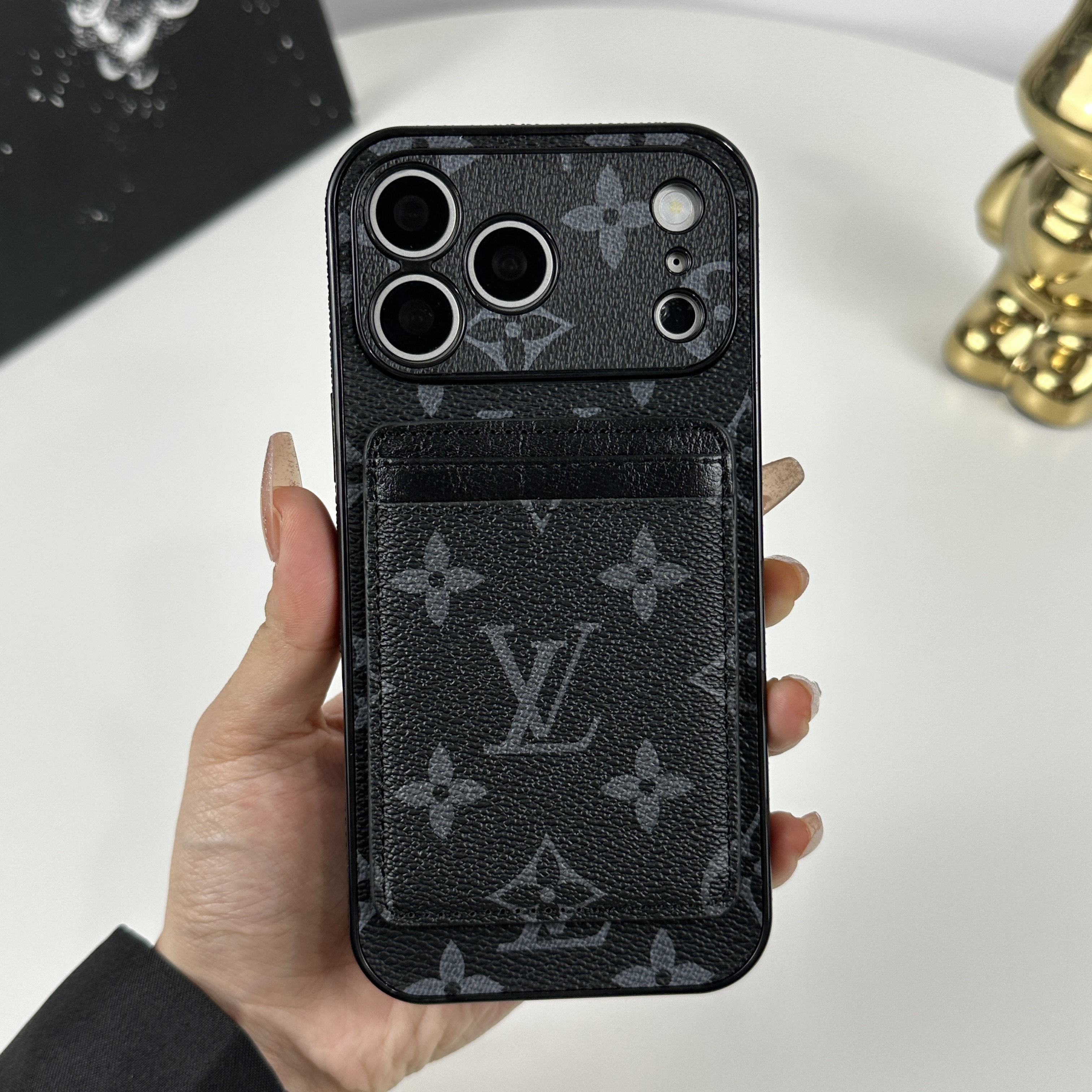 Premium Leather Monogram iPhone Case With Magnetic Card Holder Black Printing For iPhone 17 Series-GELV098