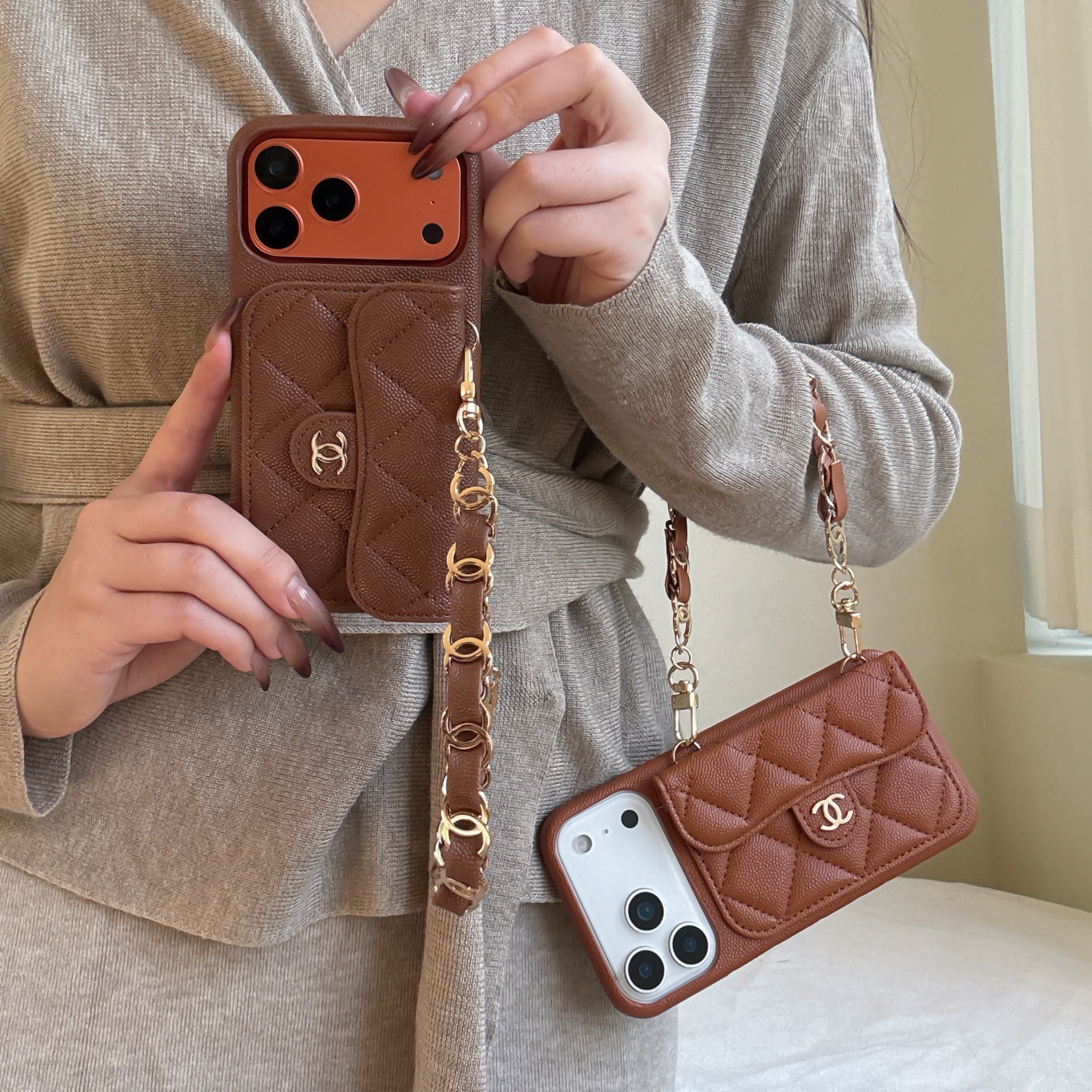 Leather CC iPhone Case With Wallet And Wrist Strap Brown For iPhone 17 Series-GECC033