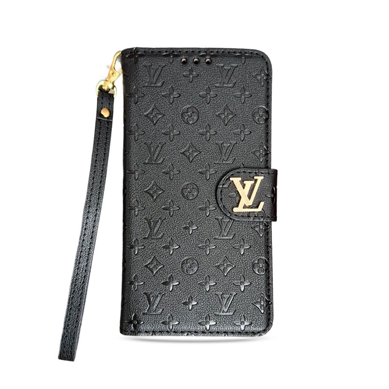 Chic Folding Monogram iPhone Case with Card Holder And Strap Black-GEHYL005