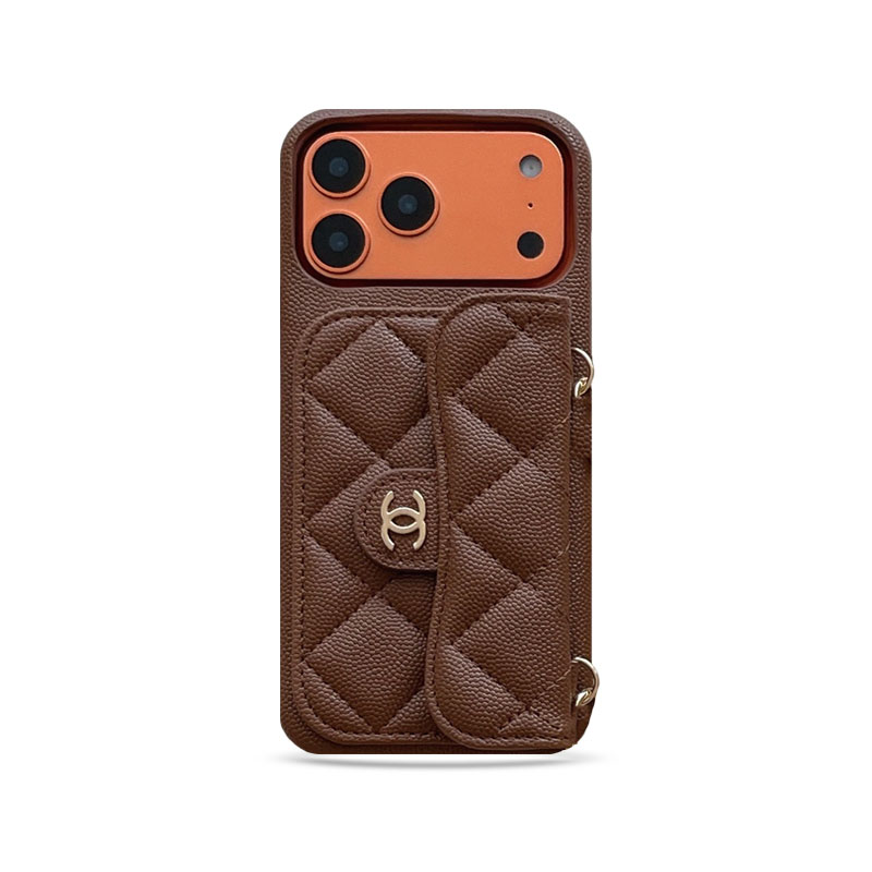Leather CC iPhone Case With Wallet And Wrist Strap Brown For iPhone 17 Series-GECC033