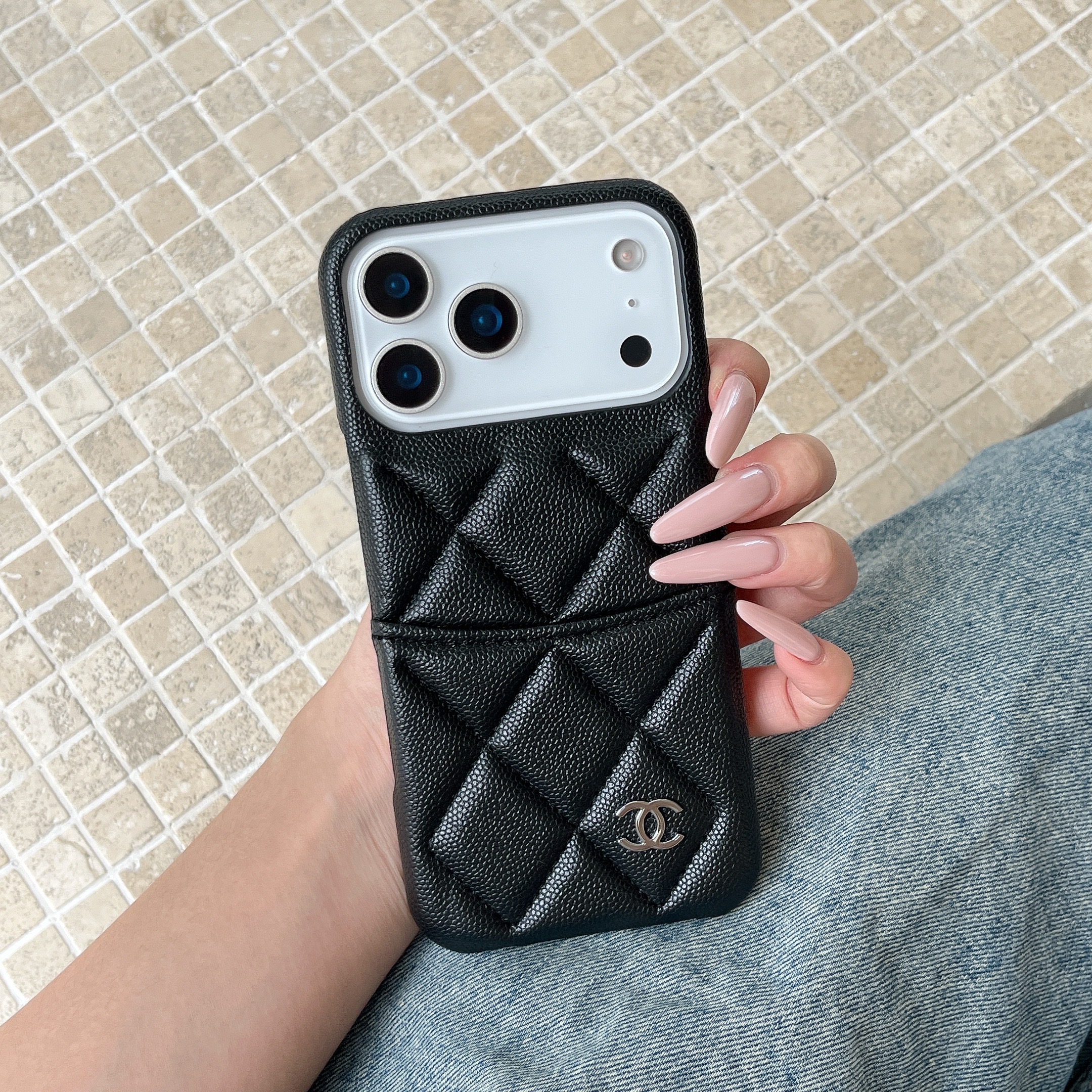 Leather CC iPhone Case With Card Holder Black For iPhone 17 Series-GECC024