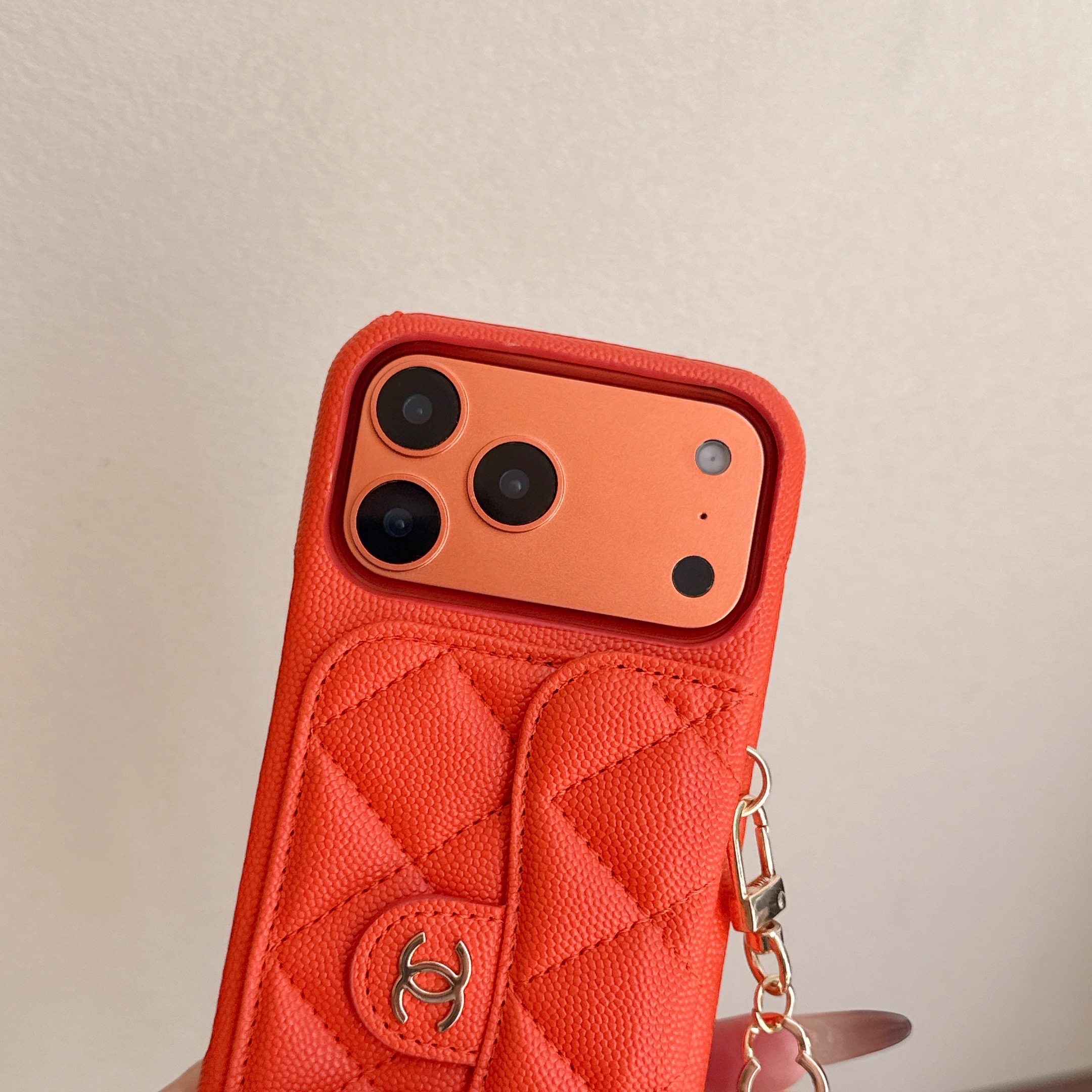 Leather CC iPhone Case With Wallet And Wrist Strap Orange For iPhone 17 Series-GECC032