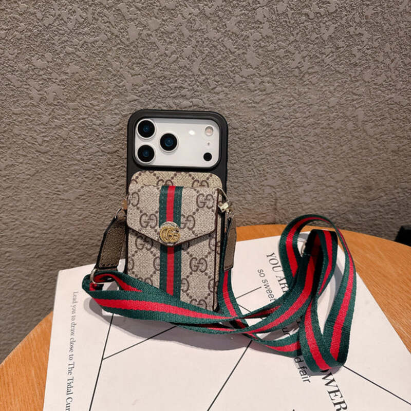 Classic Leather GG iPhone Case With Card Holder And Strap Brown-YHK251106