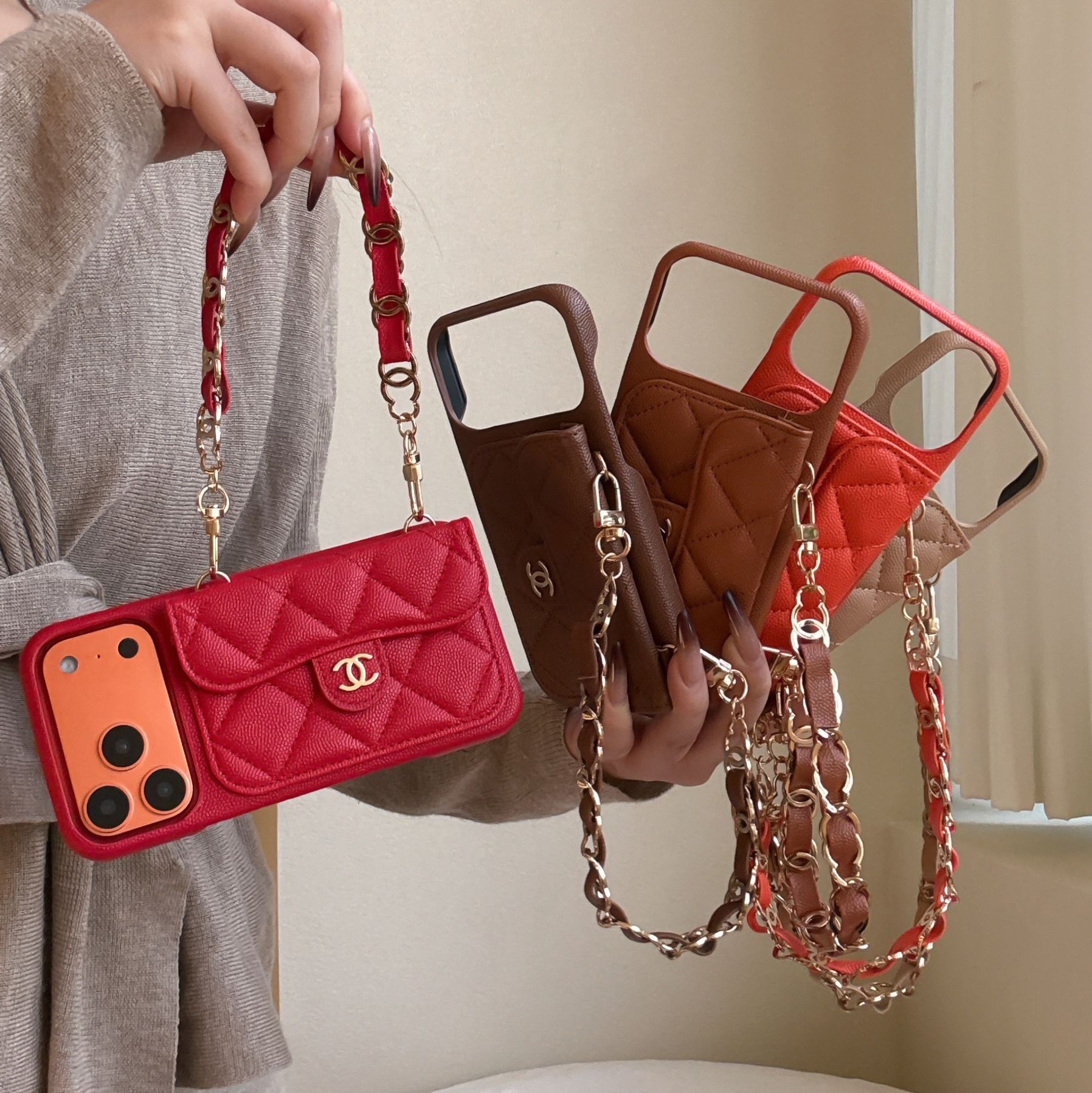 Leather CC iPhone Case With Wallet And Wrist Strap Brown For iPhone 17 Series-GECC033