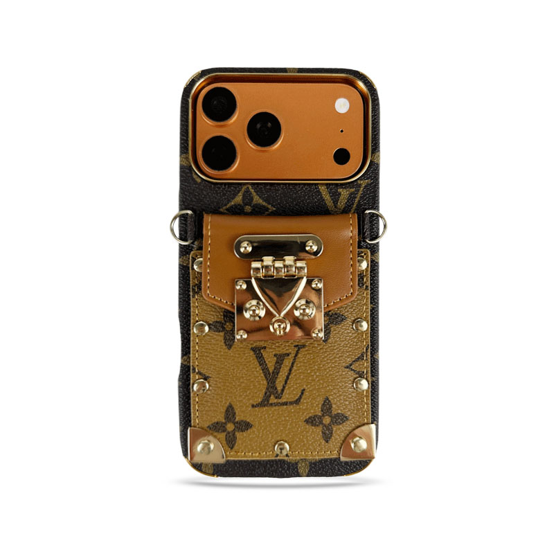 Luxury leather  Monogram iPhone Case With Wallet And Crossbody Strap For iPhone 17 Series Brown-GELV148