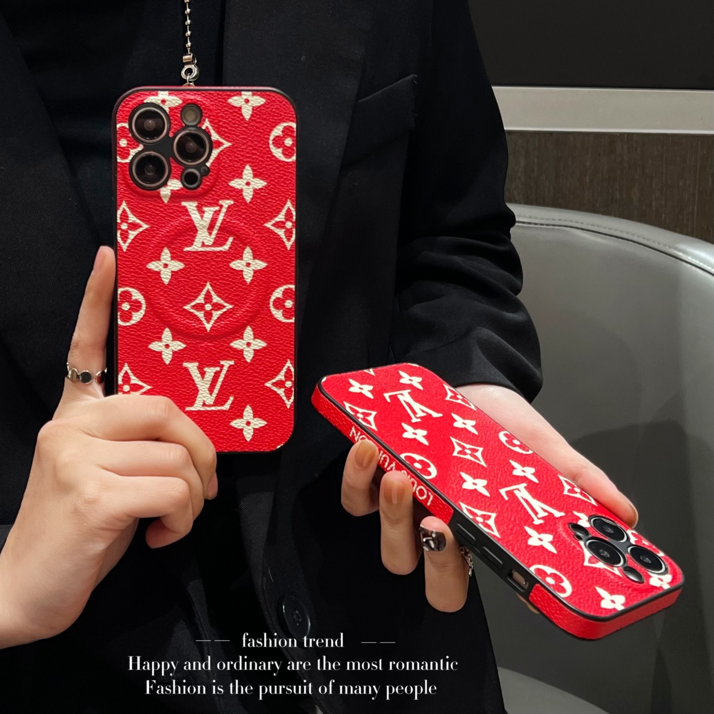 Leather Monogram iPhone Case Red(Compatible With Magsafe)-GTOCASE