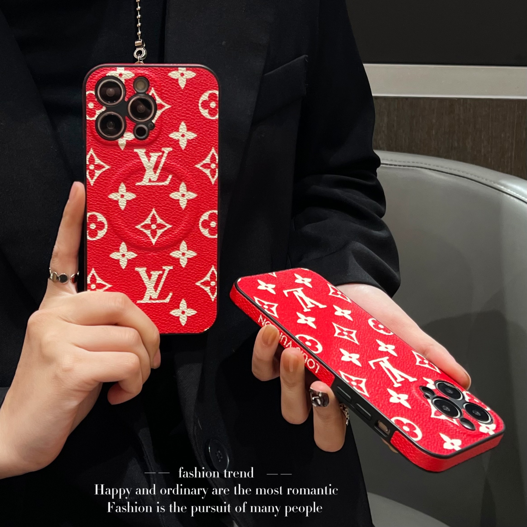 Leather Monogram iPhone Case Red(Compatible With Magsafe)-GTOCASE