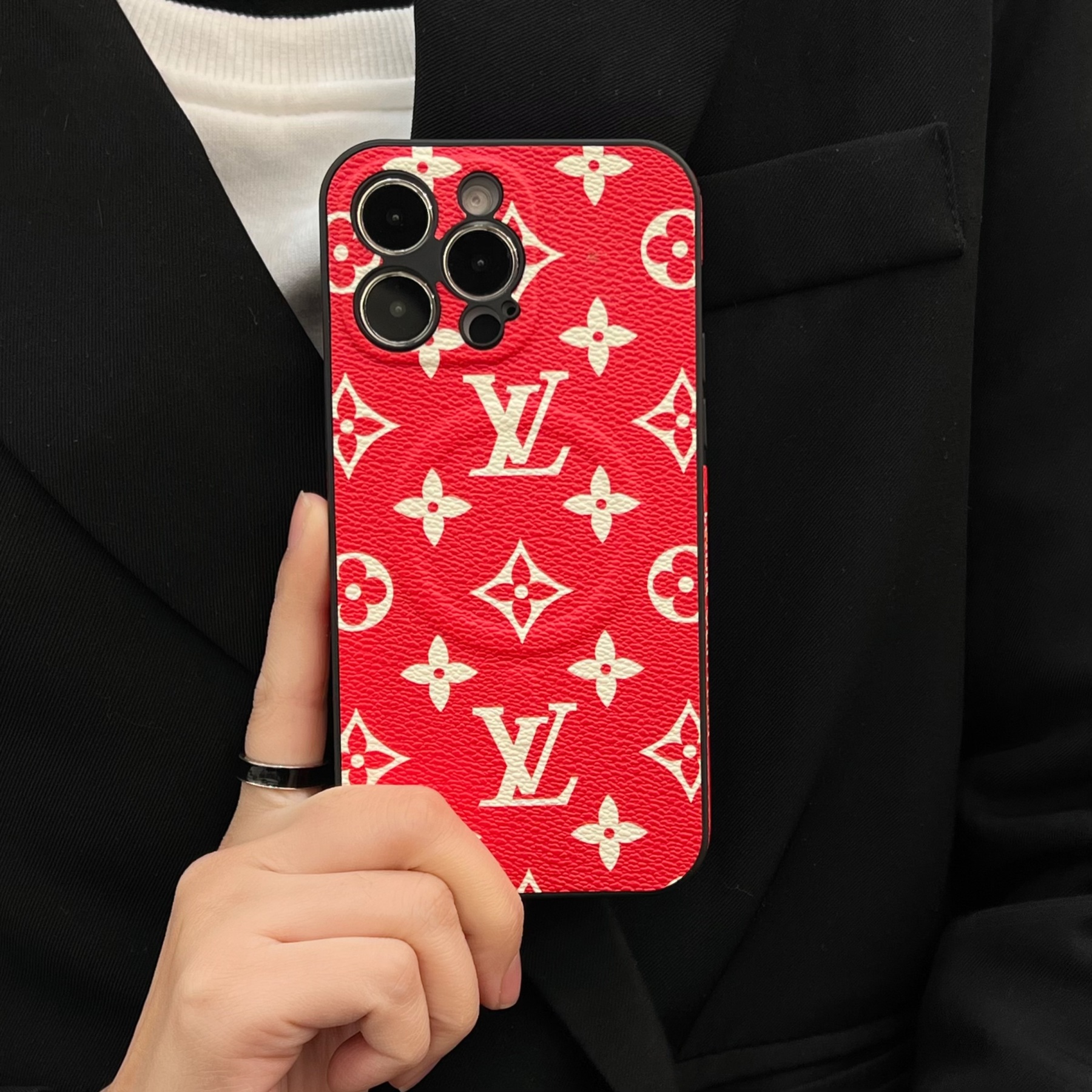 Leather Monogram iPhone Case Red(Compatible With Magsafe)-GTOCASE