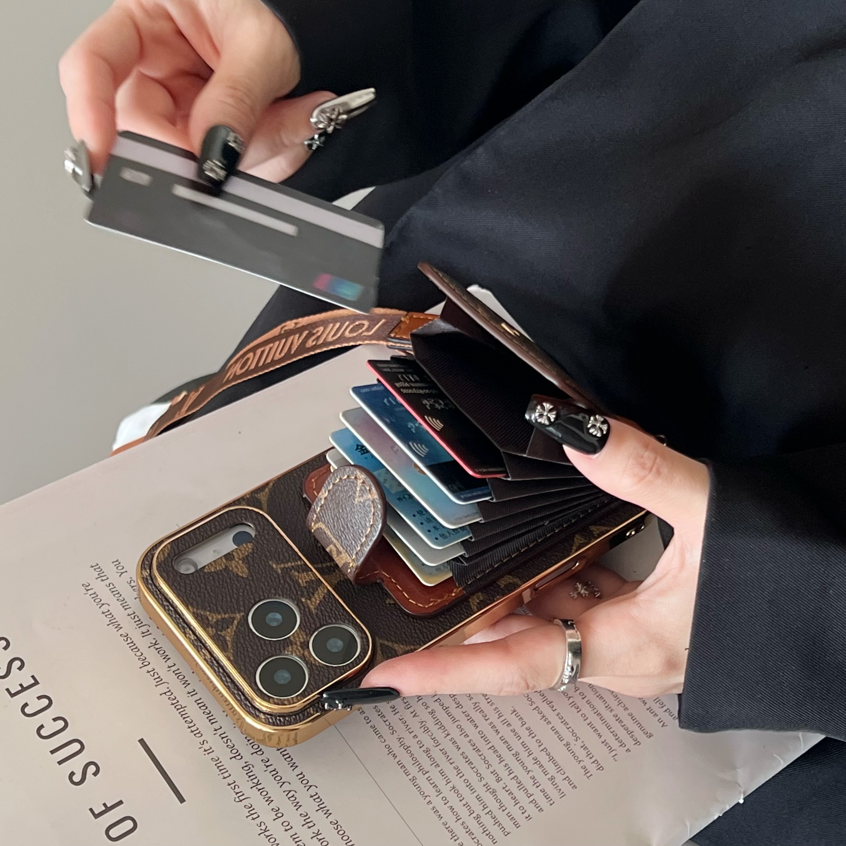 Leather Monogram iPhone Case With Card Holder And Strap Big Printing-JPK251608