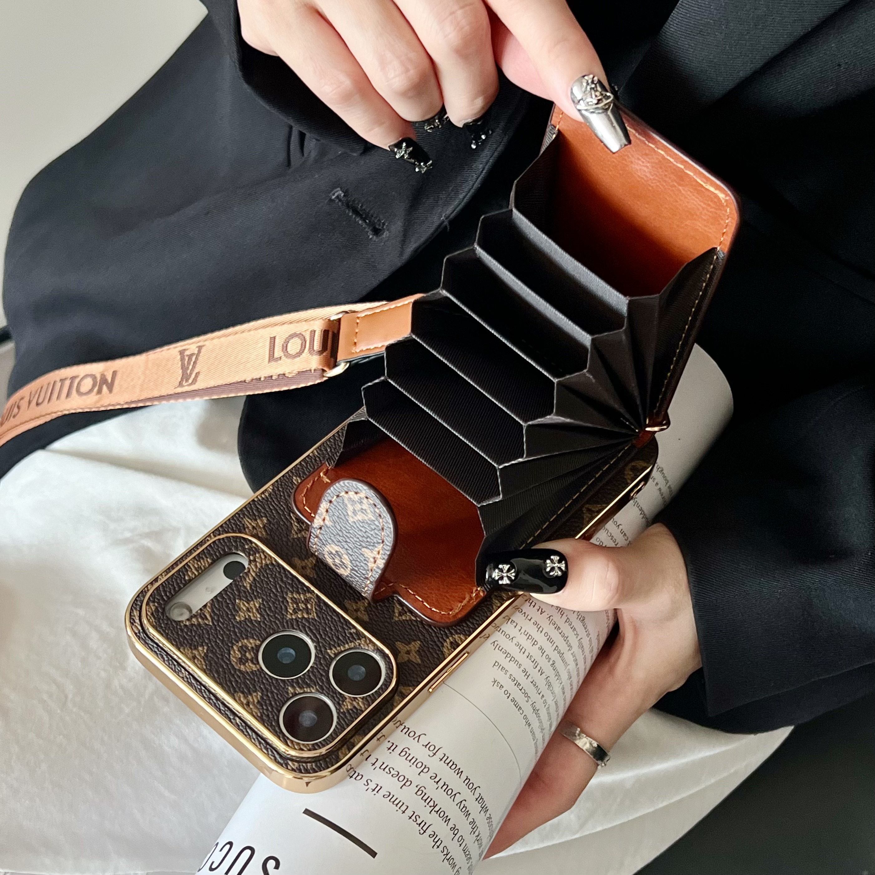 Leather Monogram iPhone Case With Card Holder And Strap Big Printing-JPK251608