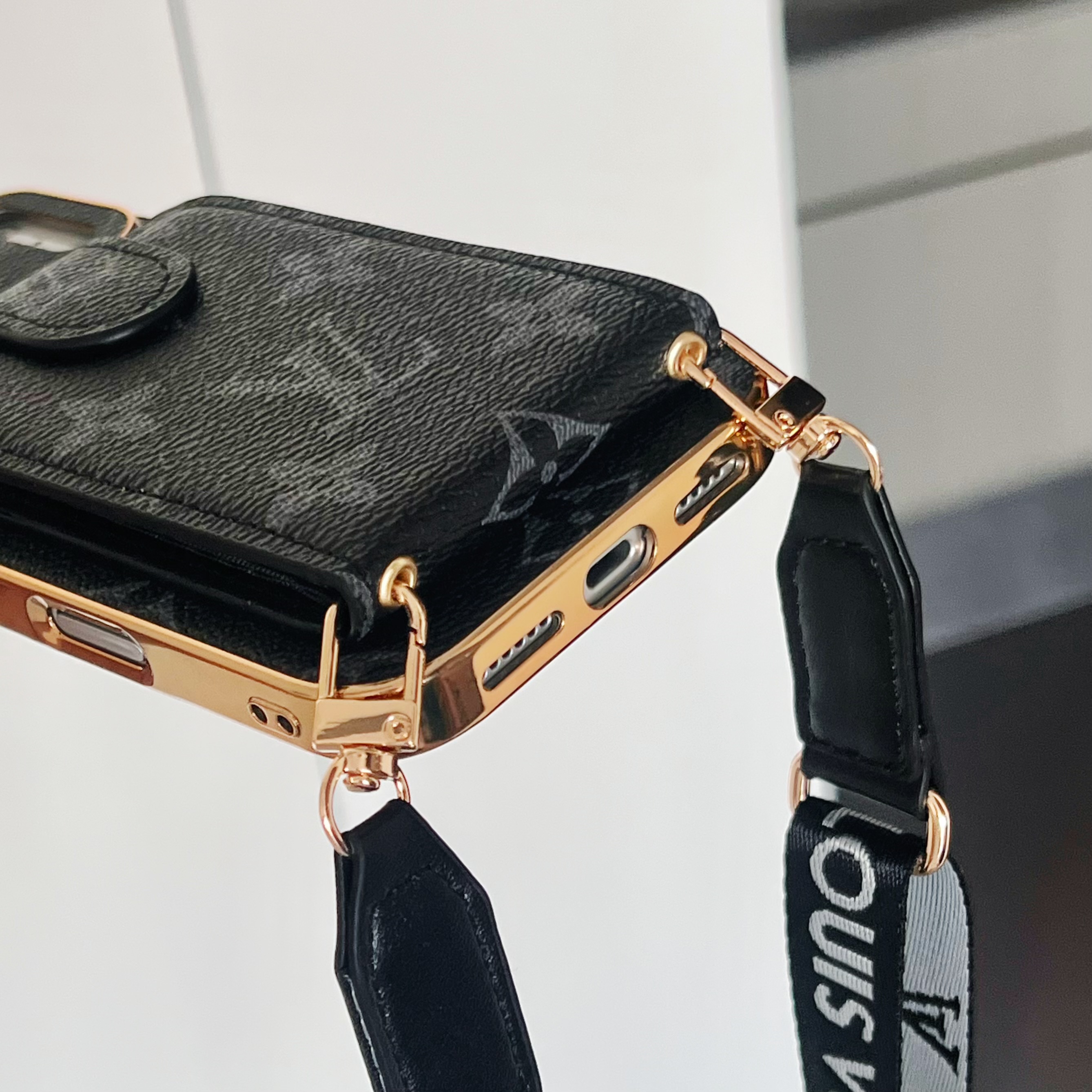 Leather Monogram iPhone Case With Card Holder And Strap Big Printing-JPK251608